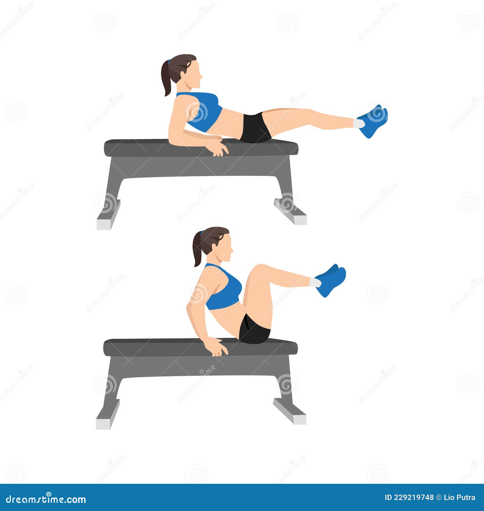 woman doing seated bench leg pull ins. flat bench knee ups exercise