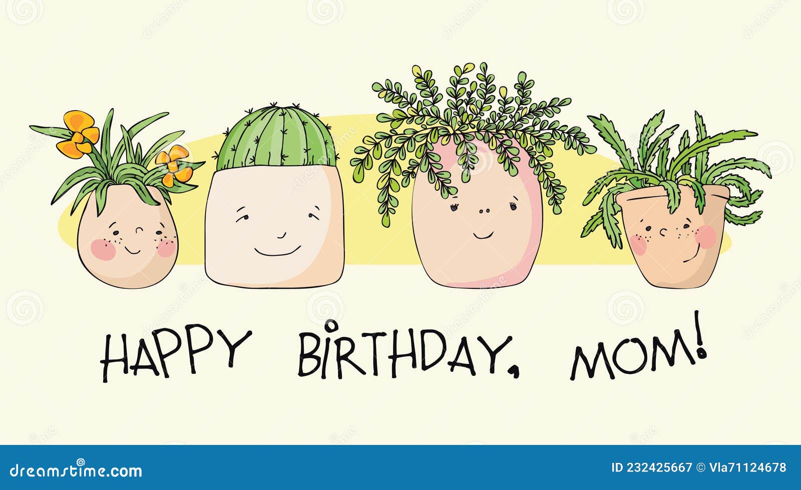 Mother`s Birthday Greeting Card with Funny Pots Stock Illustration -  Illustration of plants, succulents: 232425667