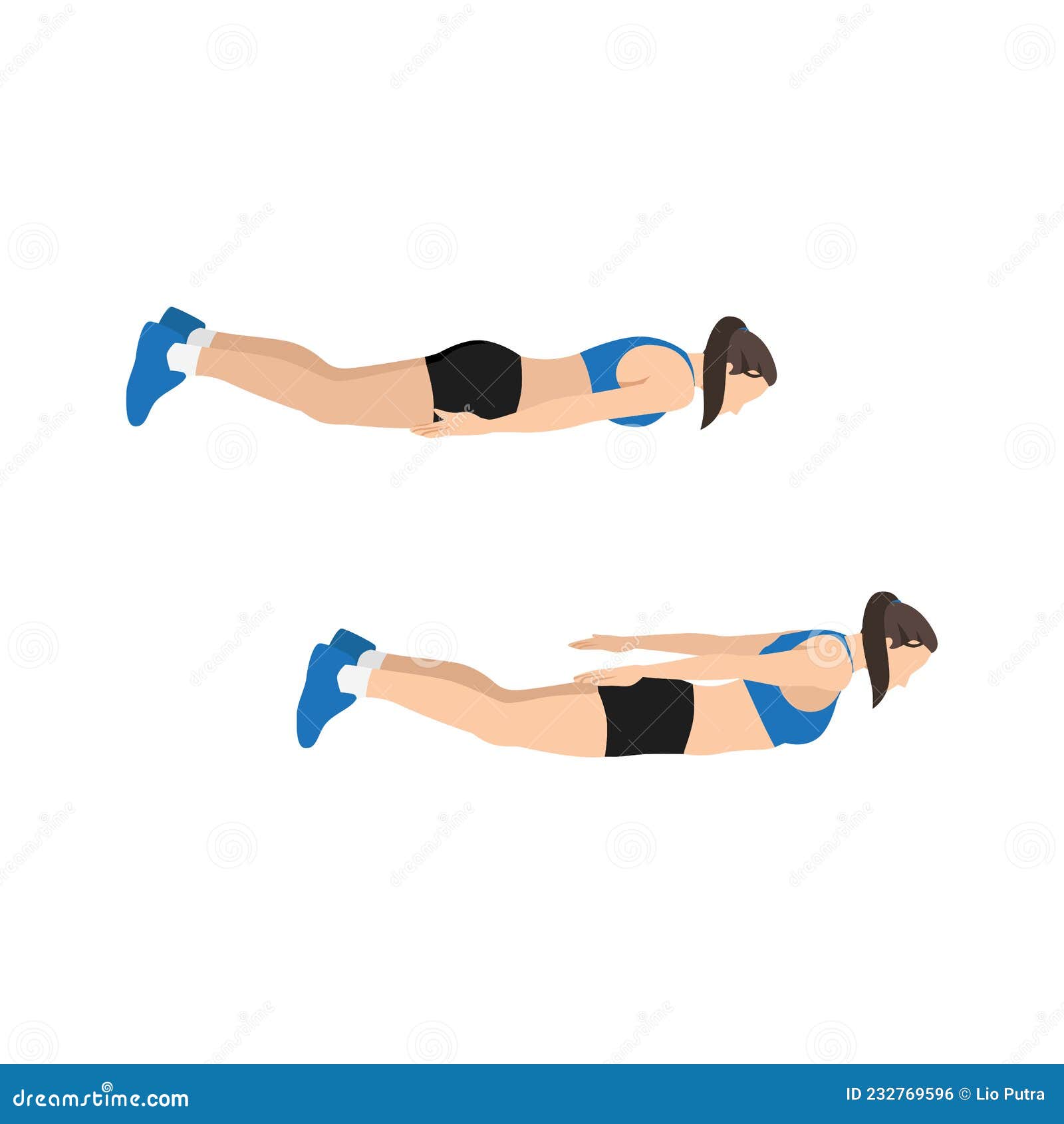 woman doing prone back extension exercise. flat 