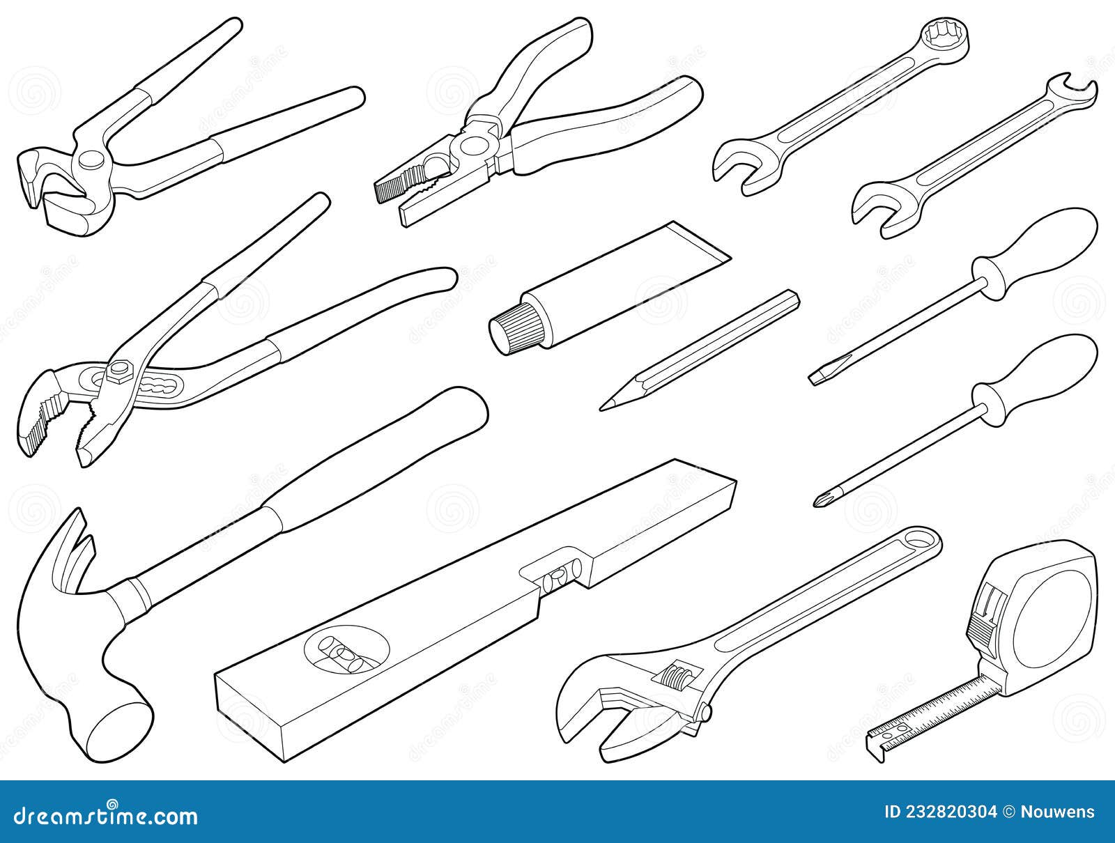 Construction Tool Collection Vector Isometric Outline Illustration