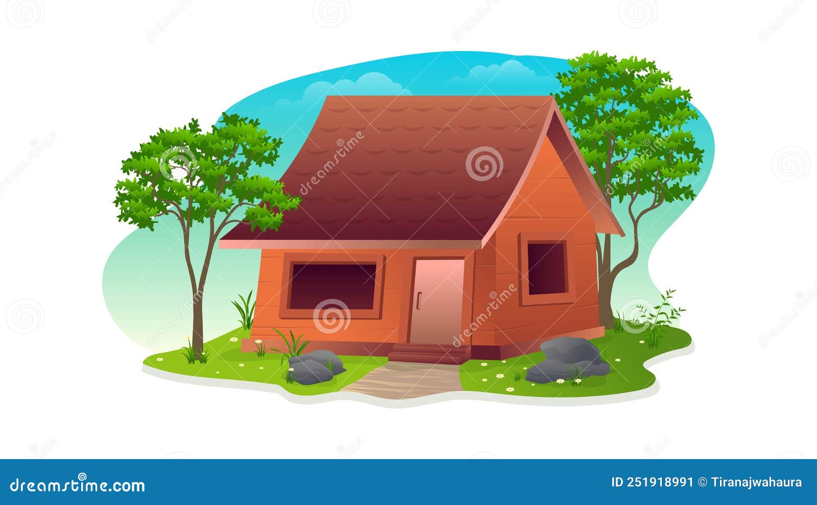 wooden-village-house-with-green-lawns-and-trees-stock-vector