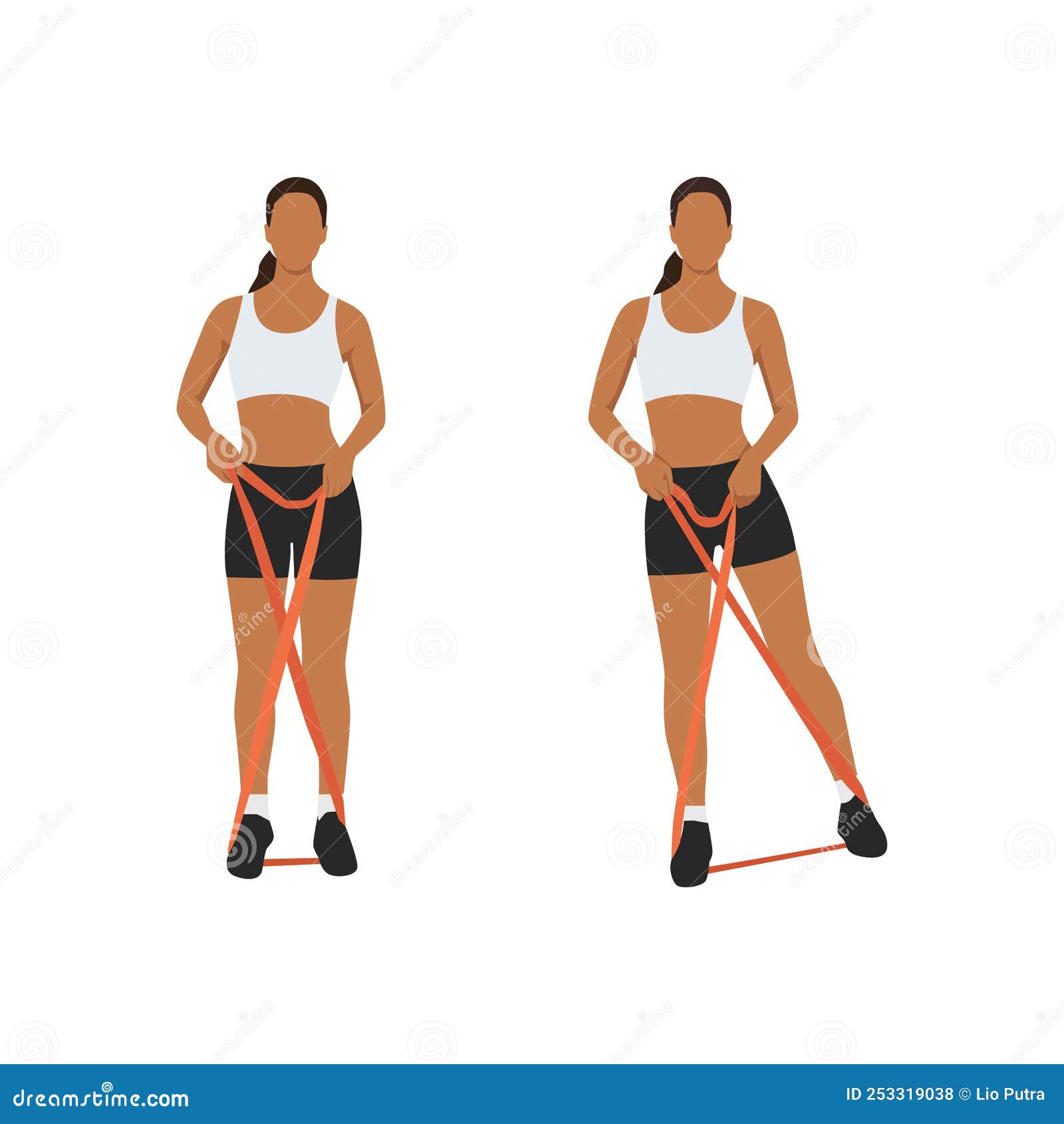 Woman Doing Outer Thighs Raises with Long Resistance Band Stock