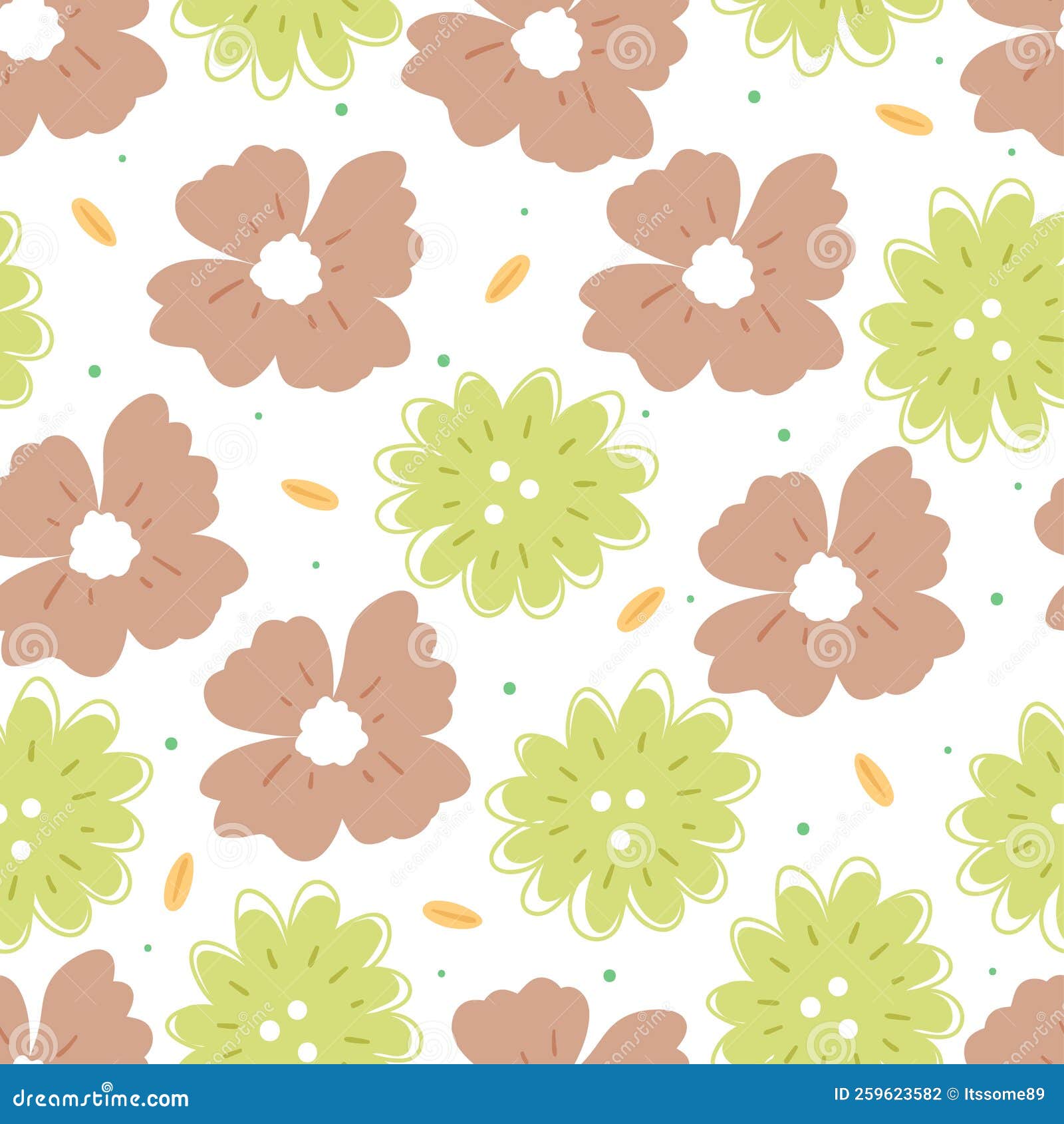 Seamless Pattern Cartoon Flower and Leaves. Botanical Wallpaper for