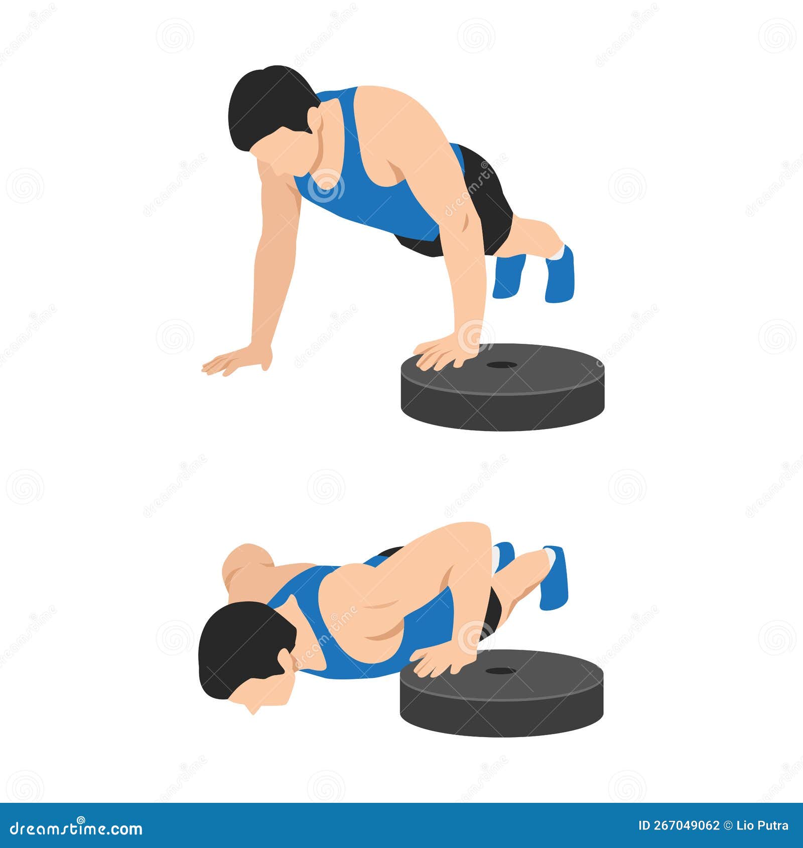 Man Doing Single Arm Elevated Push Up with Weight Plate Stock