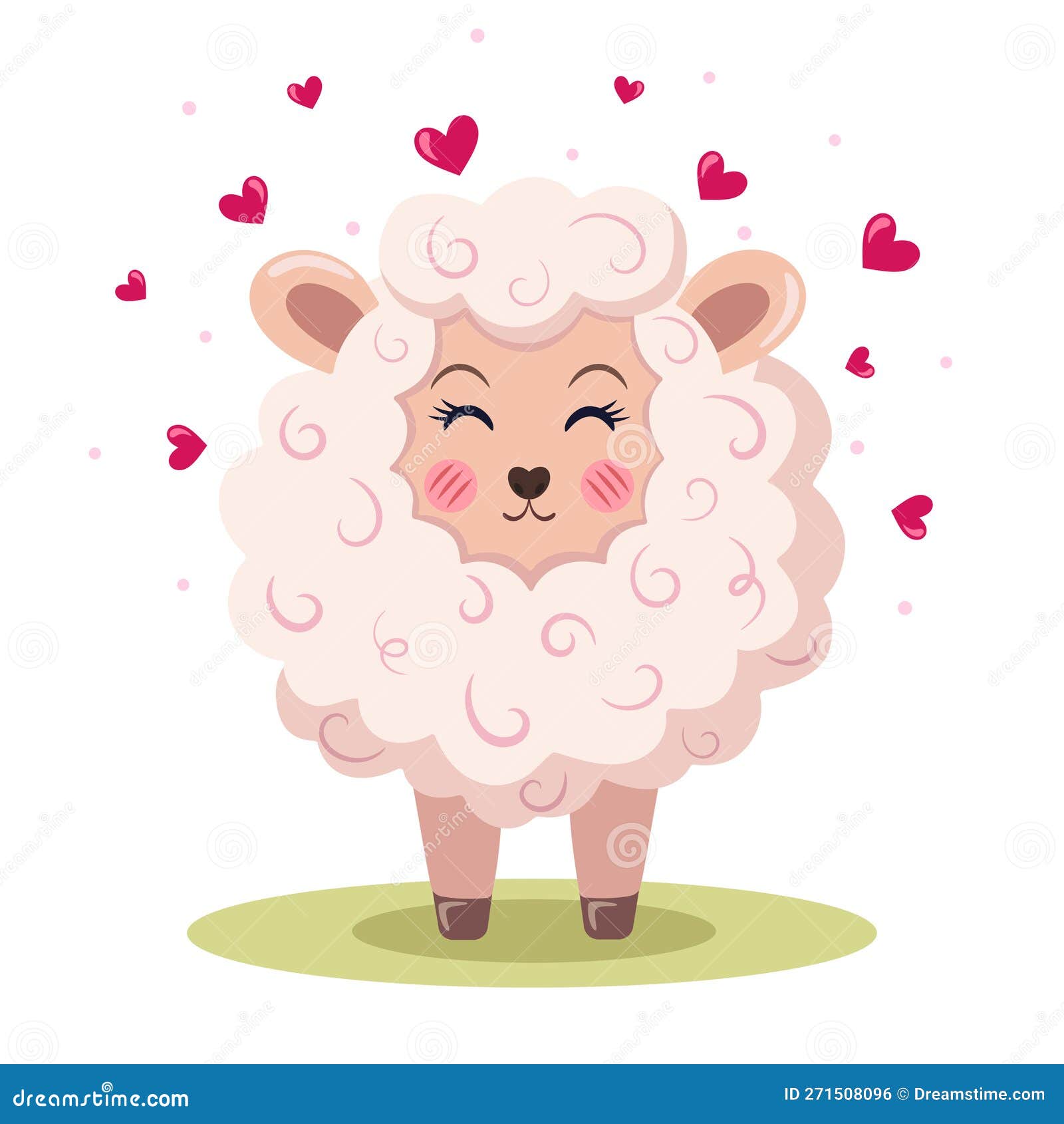 Cute Happy Sheep or Lamb with Pink Hearts and Light Pink Dots. Emotions