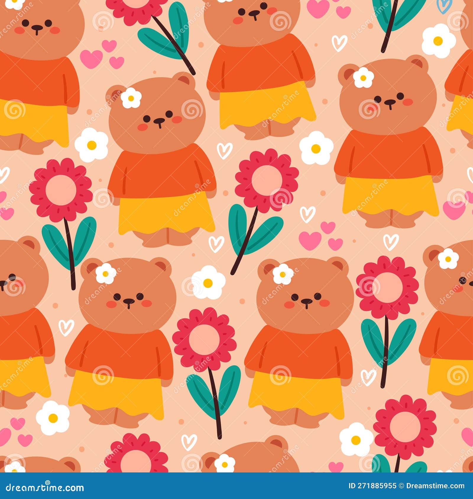 Seamless Pattern Cartoon Bear and Flower. Cute Animal Wallpaper