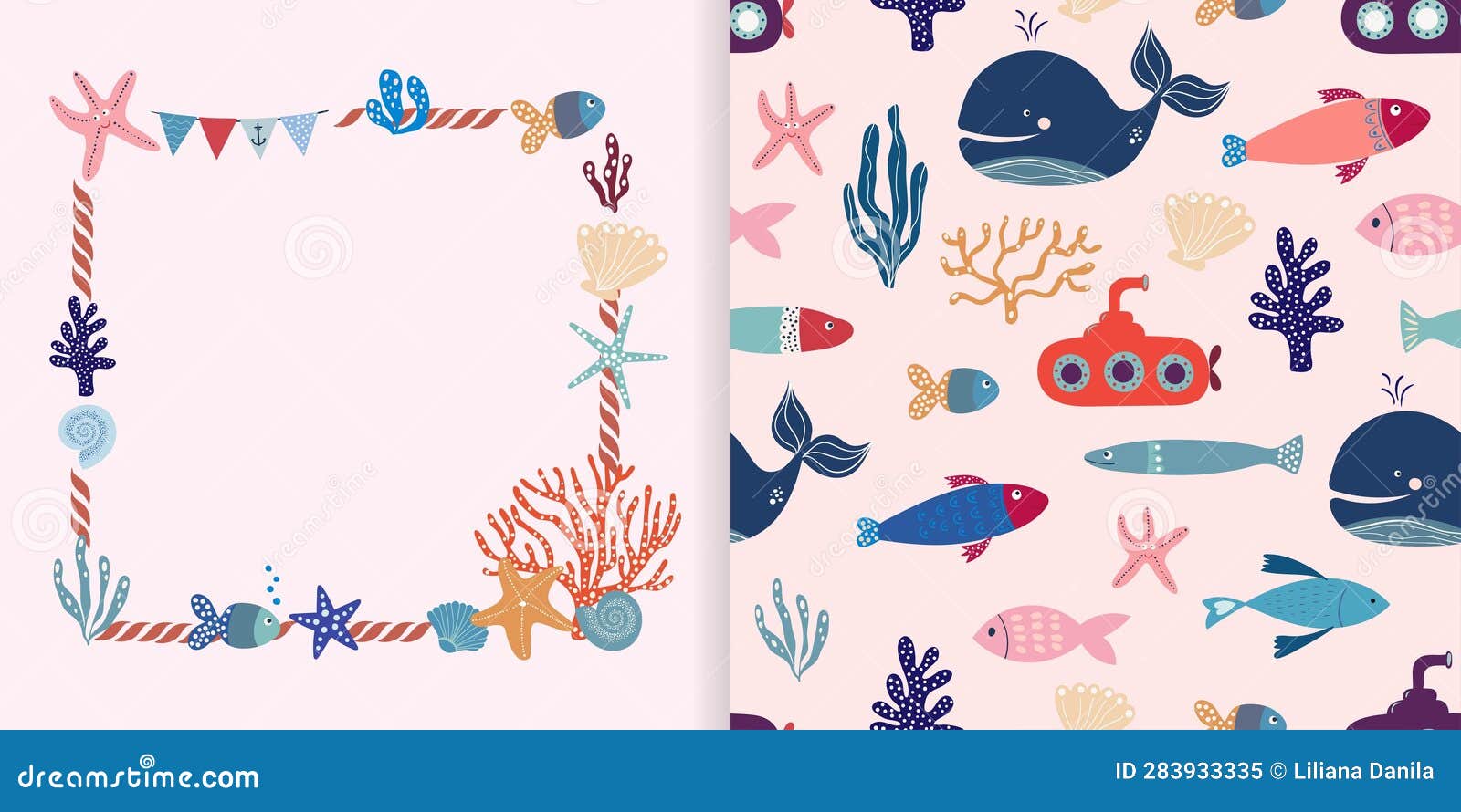 summer marine collection with seamless pattern and cute nautical frame,  inspiration for kids