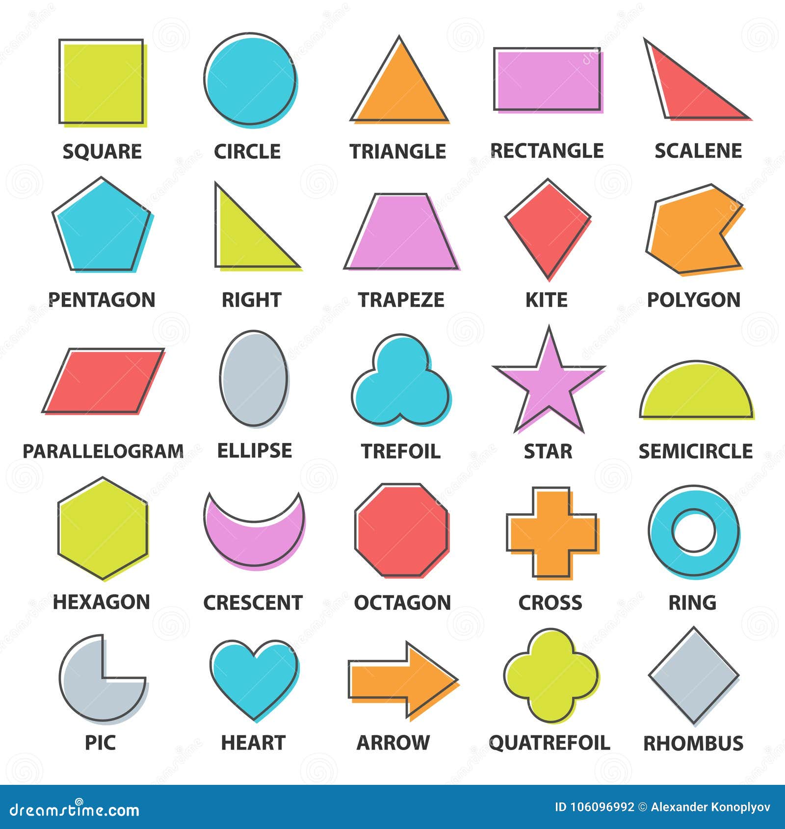 Collection of basic 2D shapes for kids learning, colorful