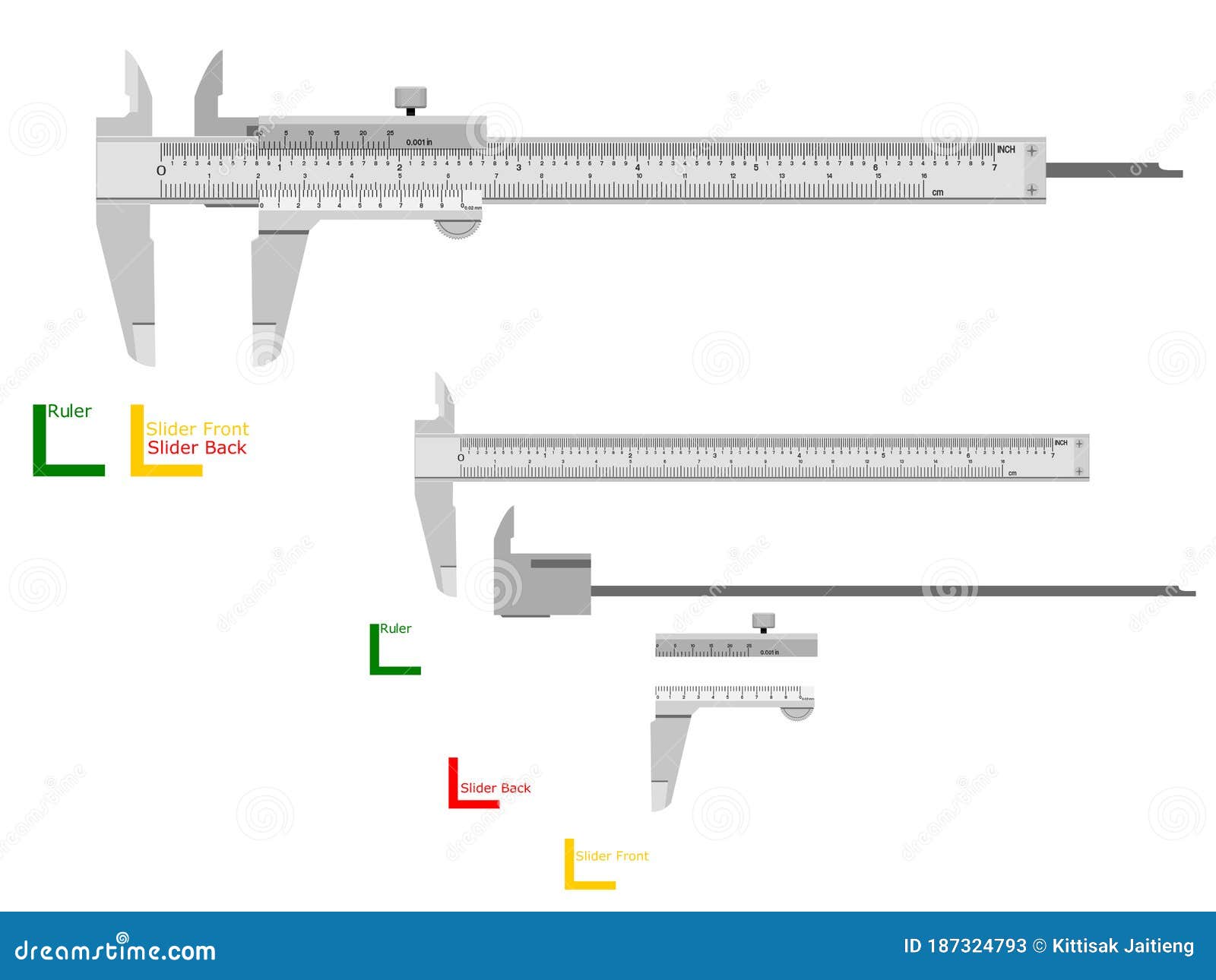 Basic Vernier Caliper on Transparent Background. There are 3 Components