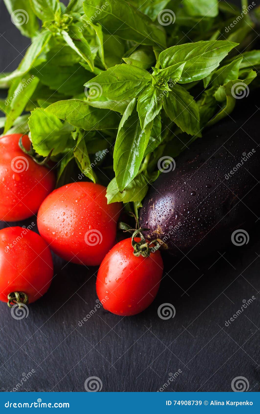Basil, Eggplant and Tomatoes Stock Image Image of products, bright 74908739