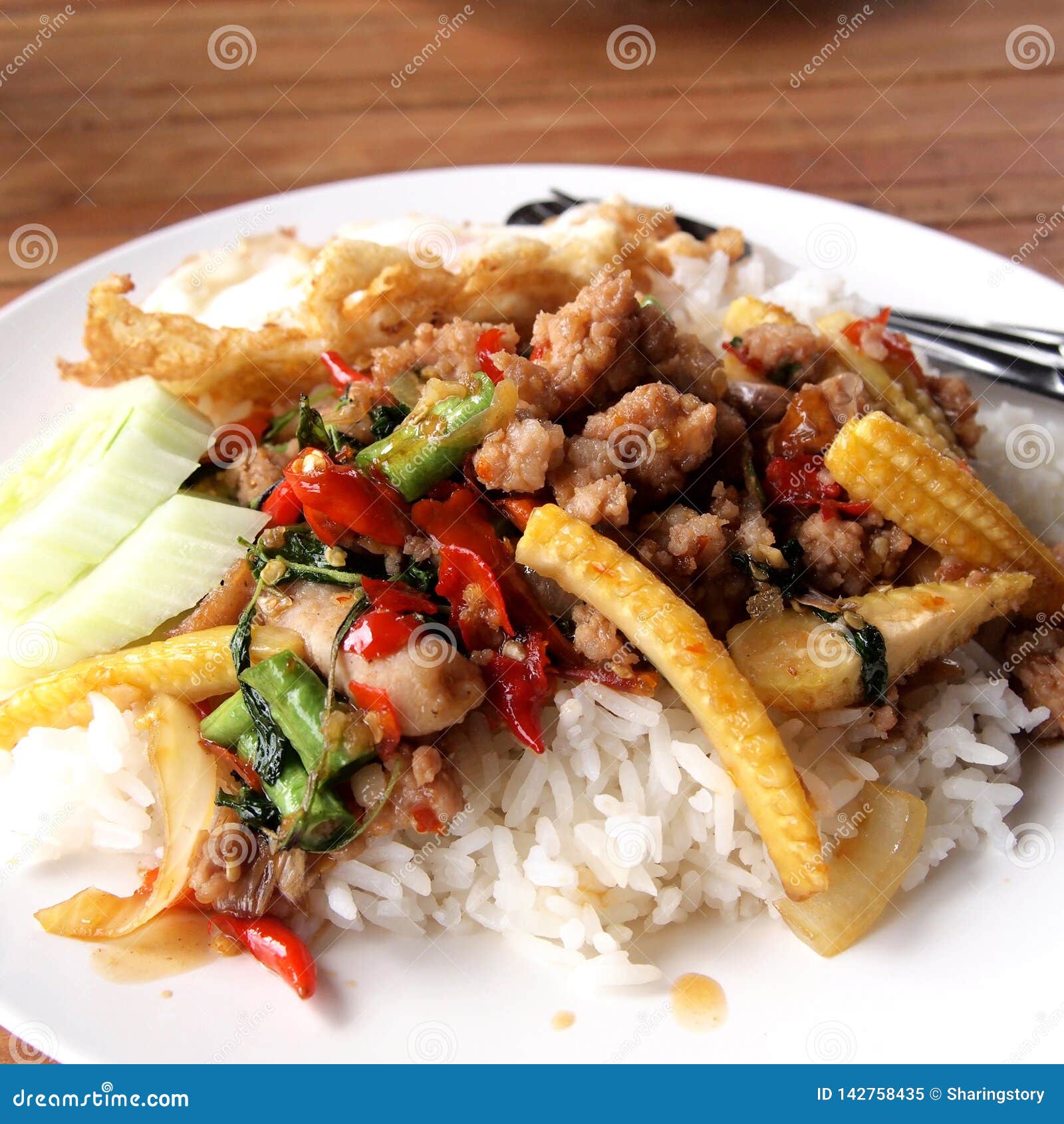 Basil Fried Rice with Pork stock image. Image of fresh 142758435