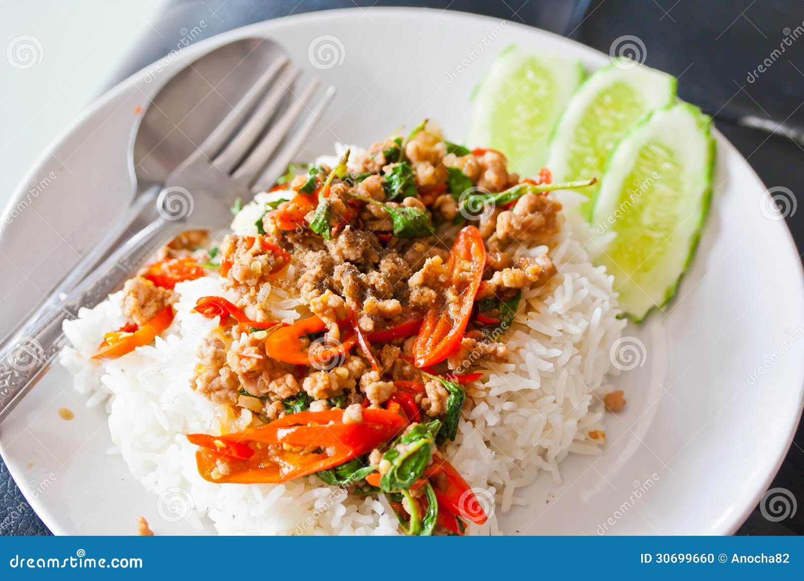 Basil Fried Rice with Pork. Stock Photo Image of delicious, meal