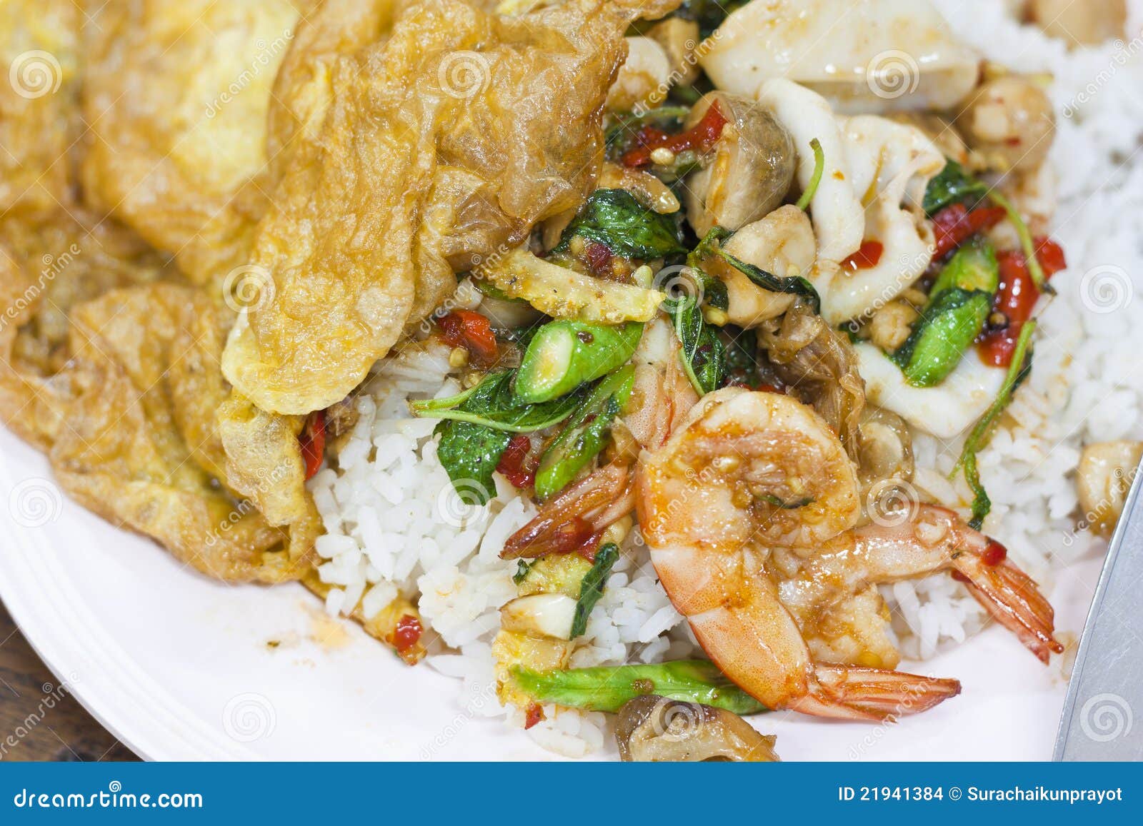 Basil Fried Rice with Shrimp,squid Stock Photo Image of thai, meal
