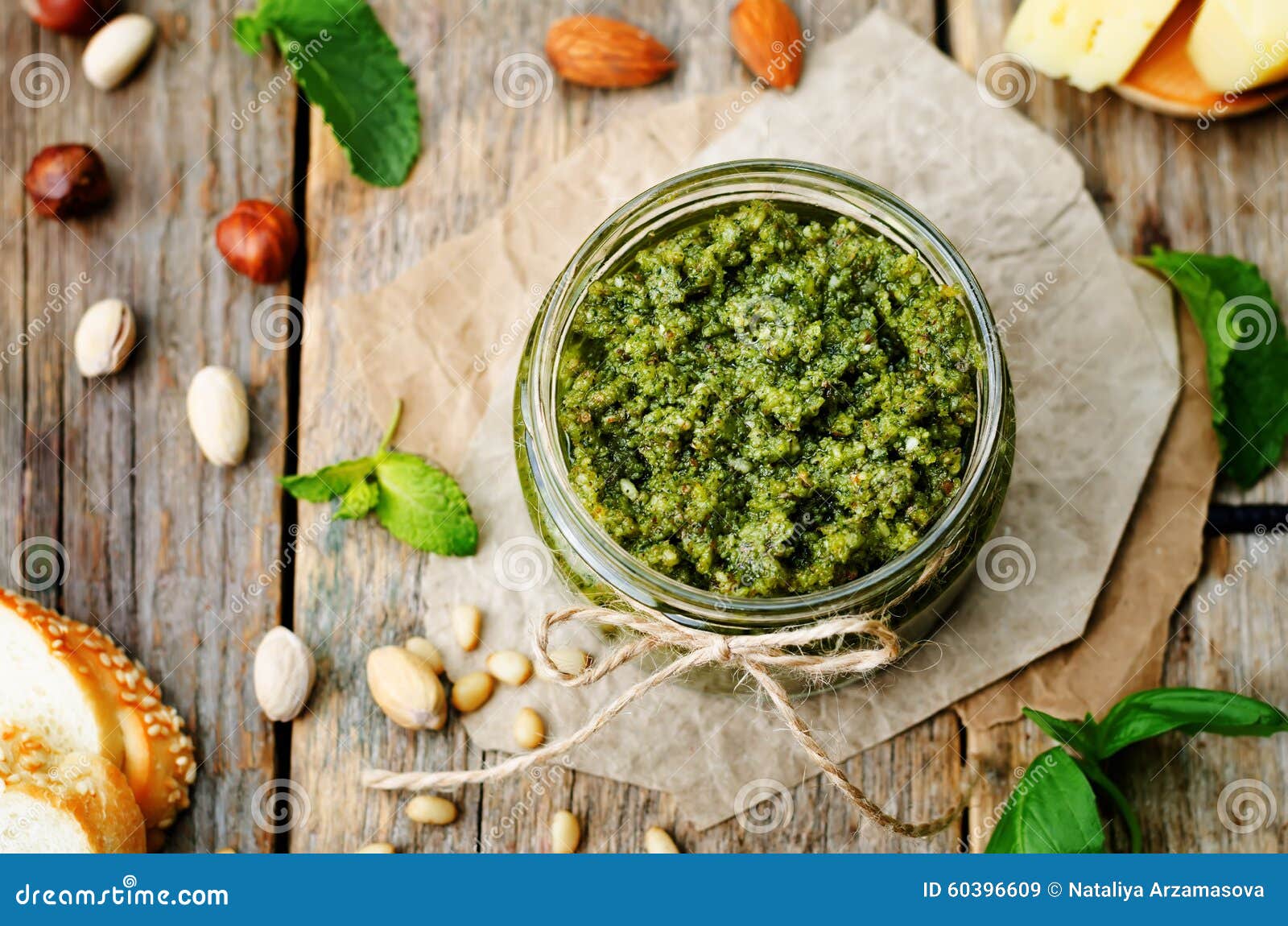 Basil Mint Hazelnuts Pistachios Almonds Pine Nuts Pesto Stock Image