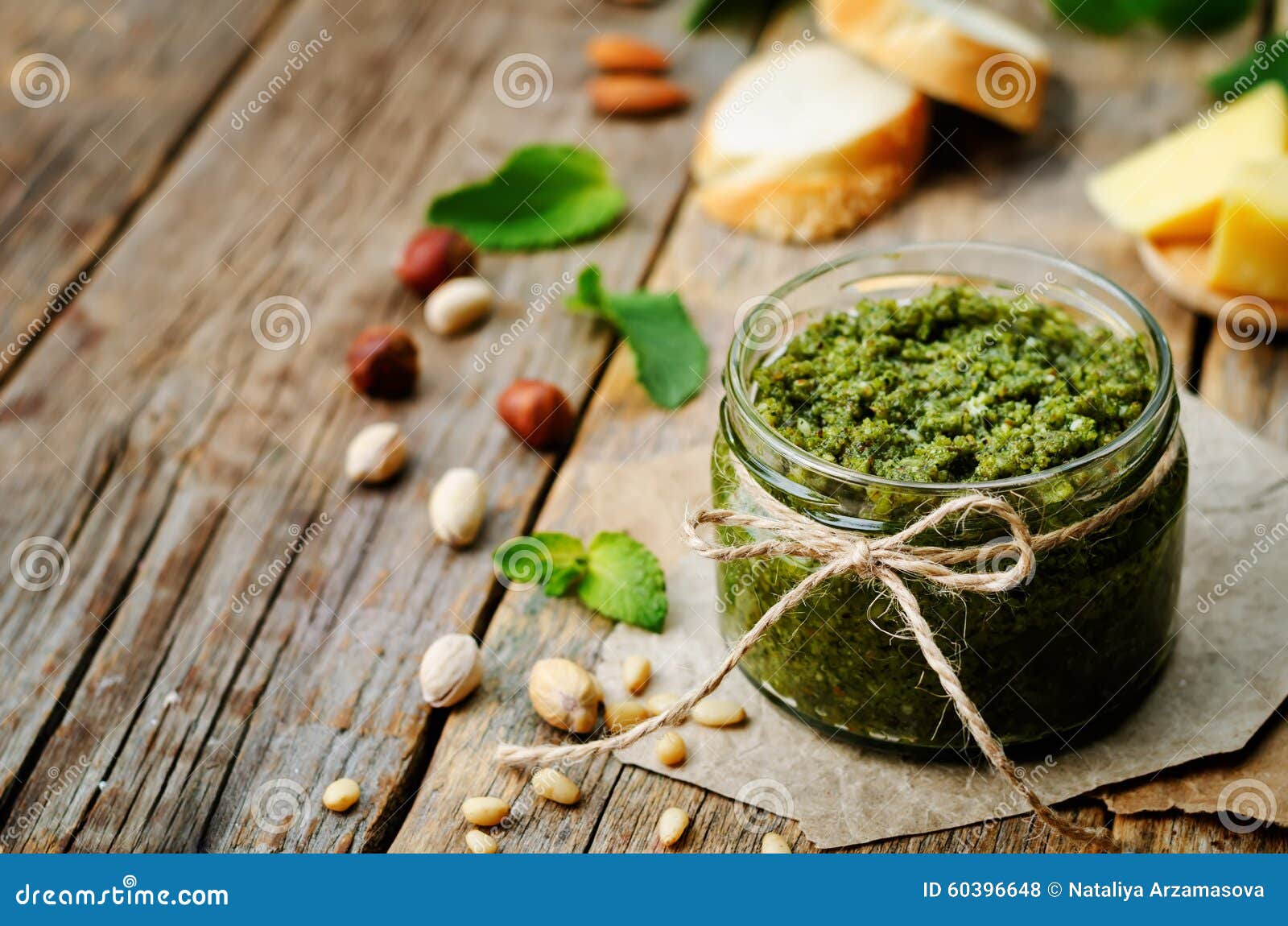Basil Mint Hazelnuts Pistachios Almonds Pine Nuts Pesto Stock Photo