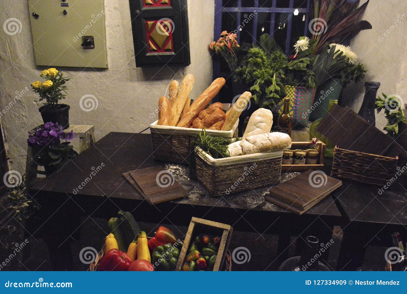 Basket with Bread. Vegetables and Flowers Stock Image - Image of wood