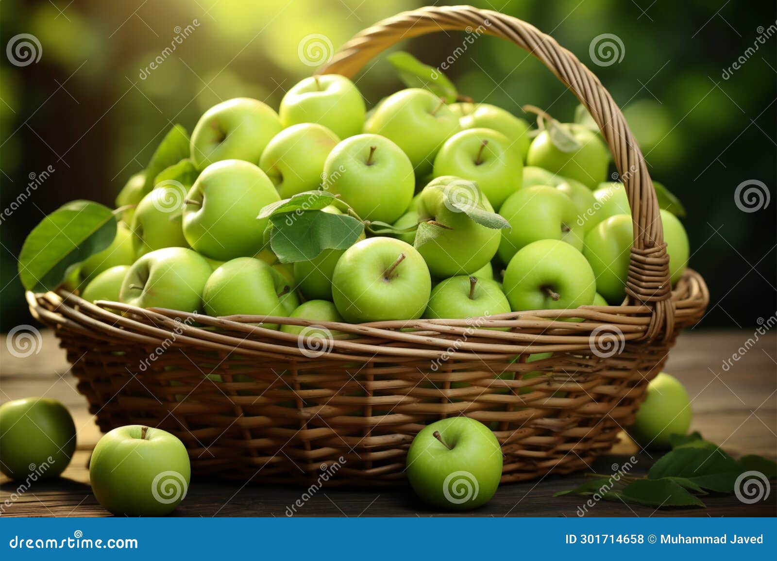 basket brims with the crisp goodness of green apples, a visual feast