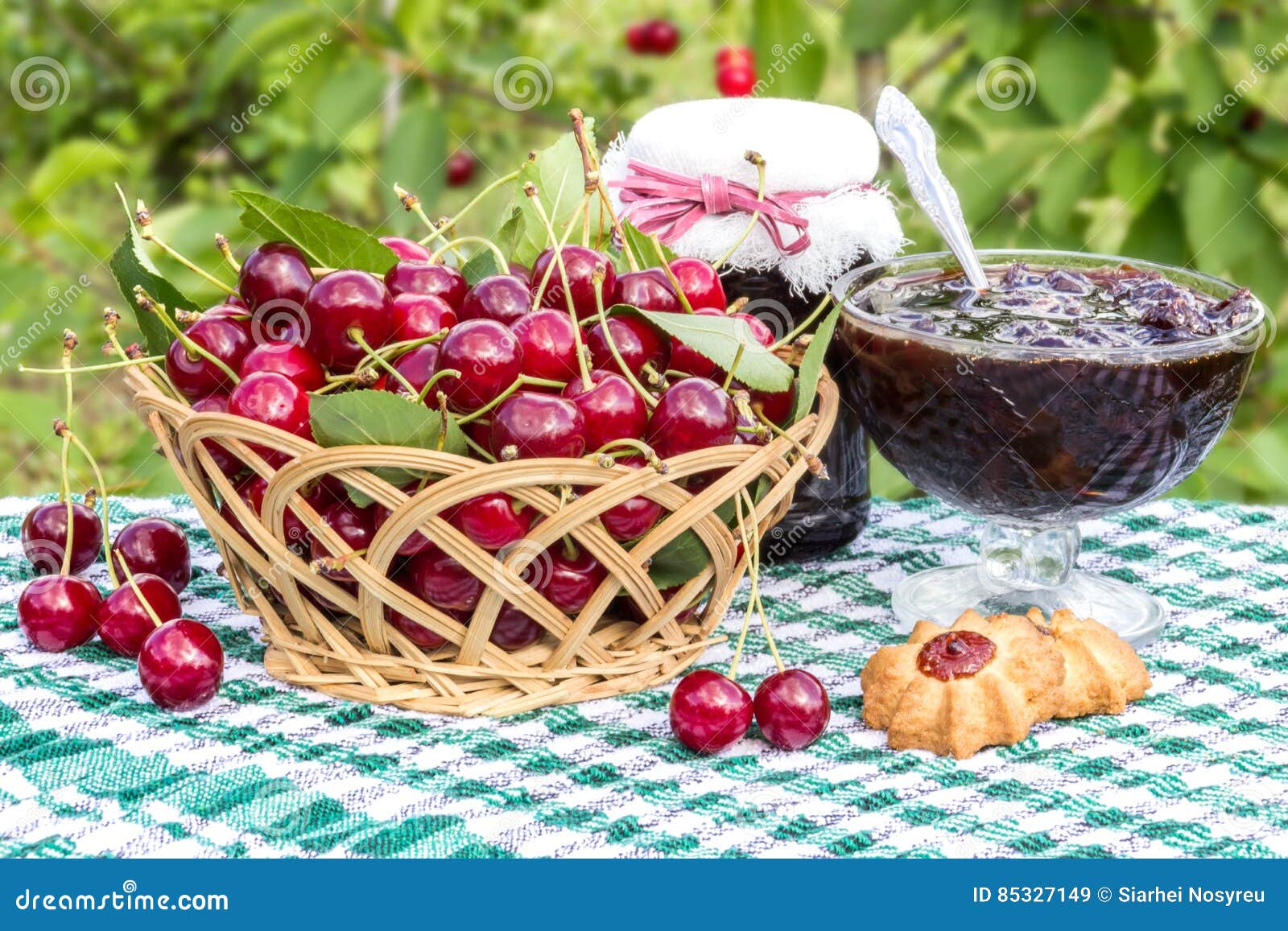 Basket of Cherries, Cherry Jam with Biscuit, Cherry Jam Jar on