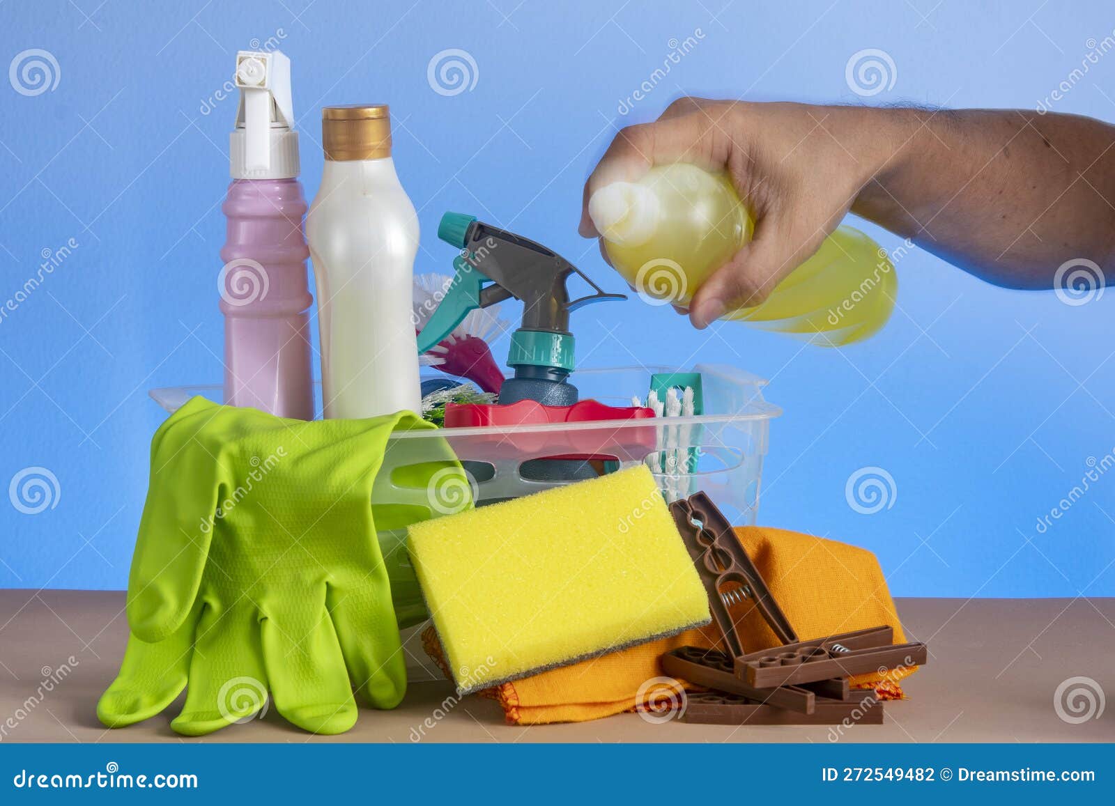 Basket with Cleaning Products for Home Hygiene Use Stock Photo Image