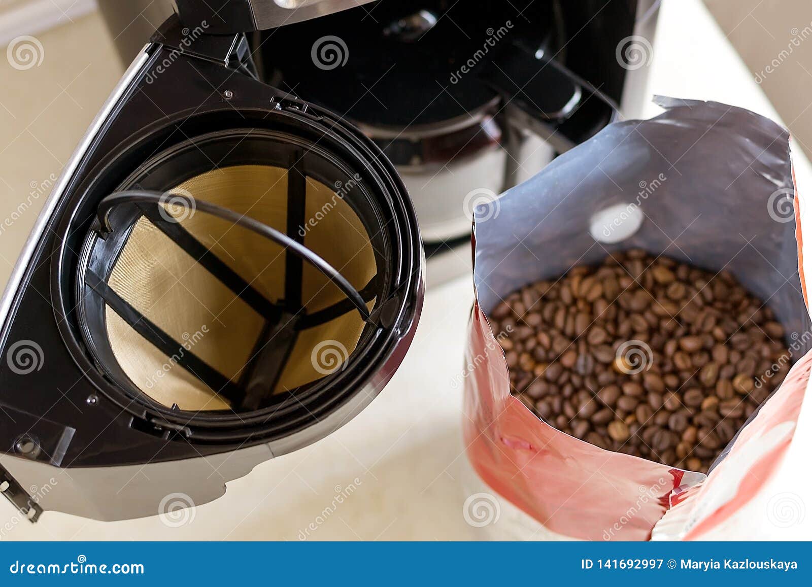 Basket Coffee Filter, Driptype Coffee Maker and Coffee Beans on the