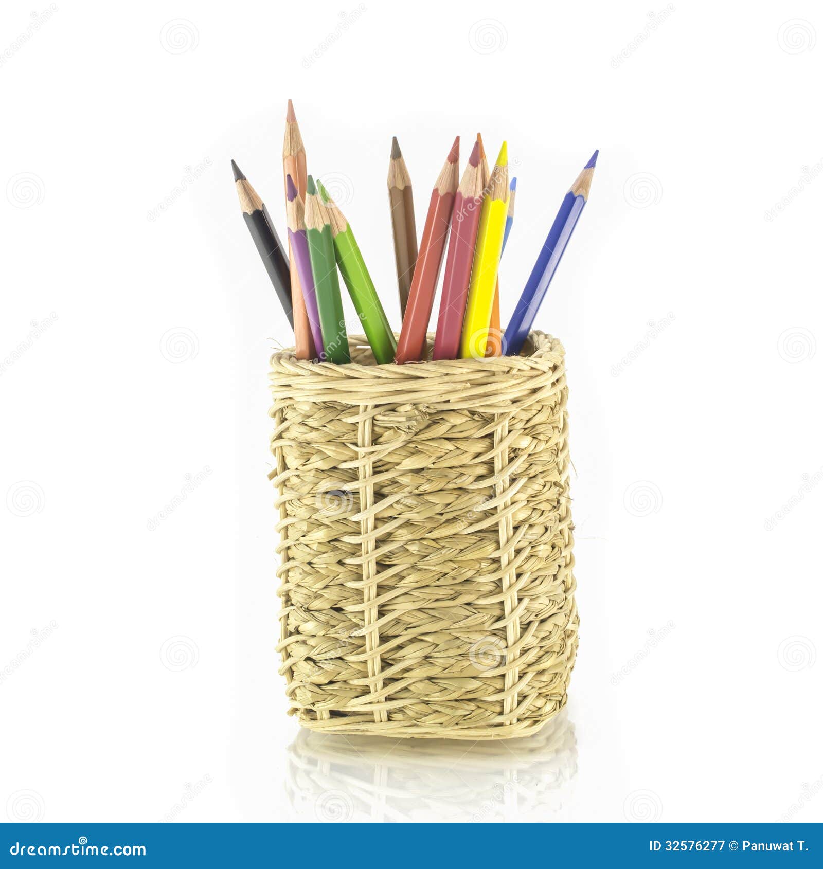 Basket of Colorful Pencils on White Background Stock Image Image of