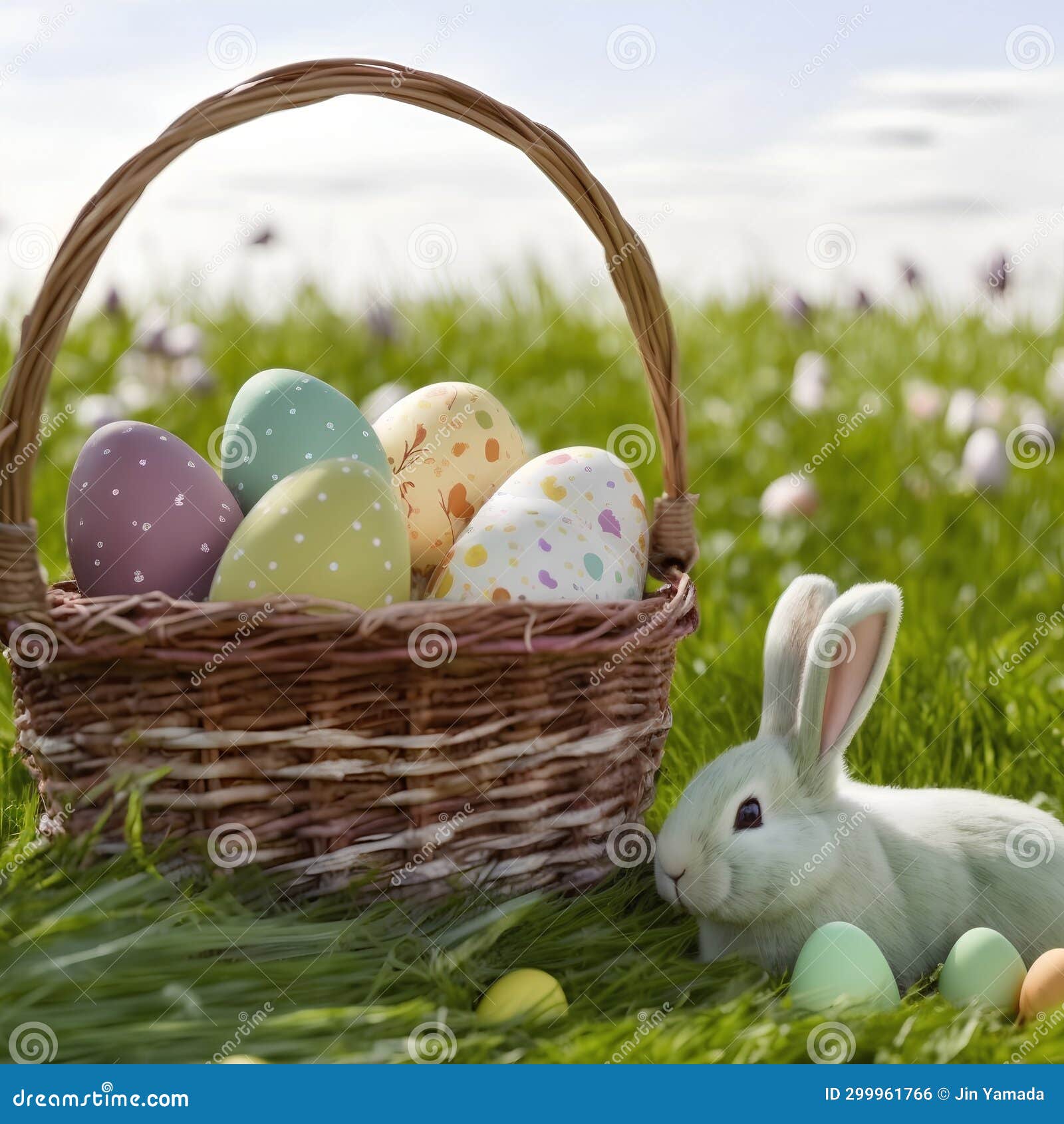 Basket with Easter Eggs and Bunny on Green Grass in Spring Stock