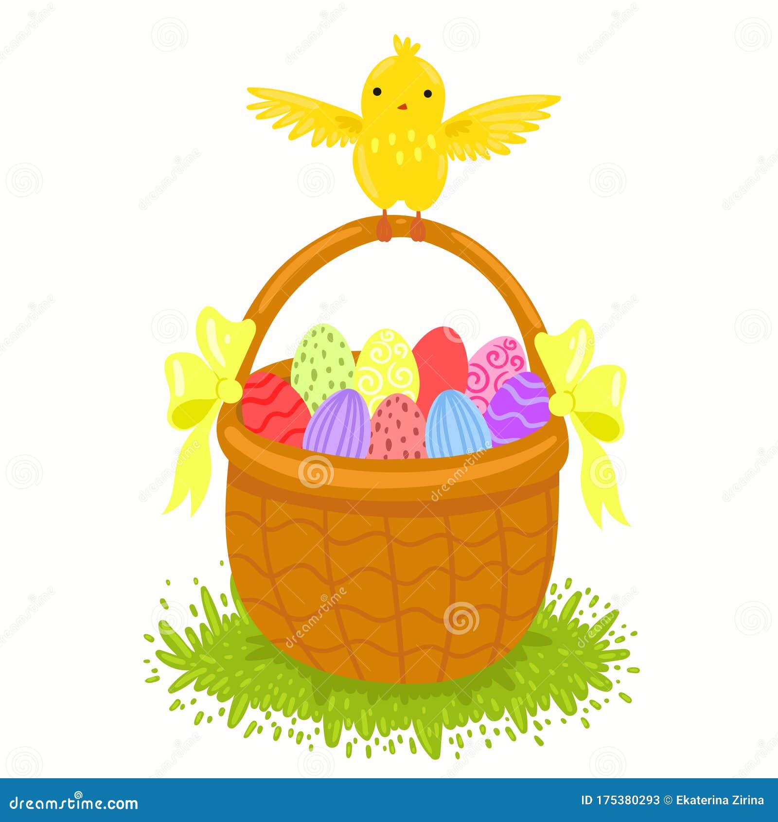 Basket with Easter Eggs and Chicken. Vector Graphics Stock Illustration