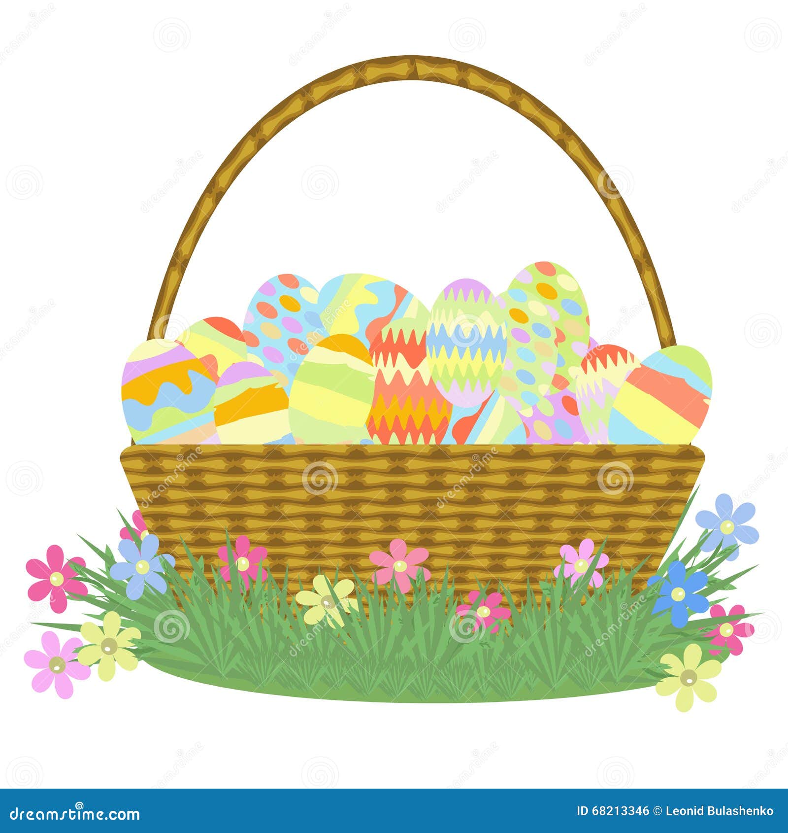 Basket with Easter Eggs on Grass with Flowers Stock Vector