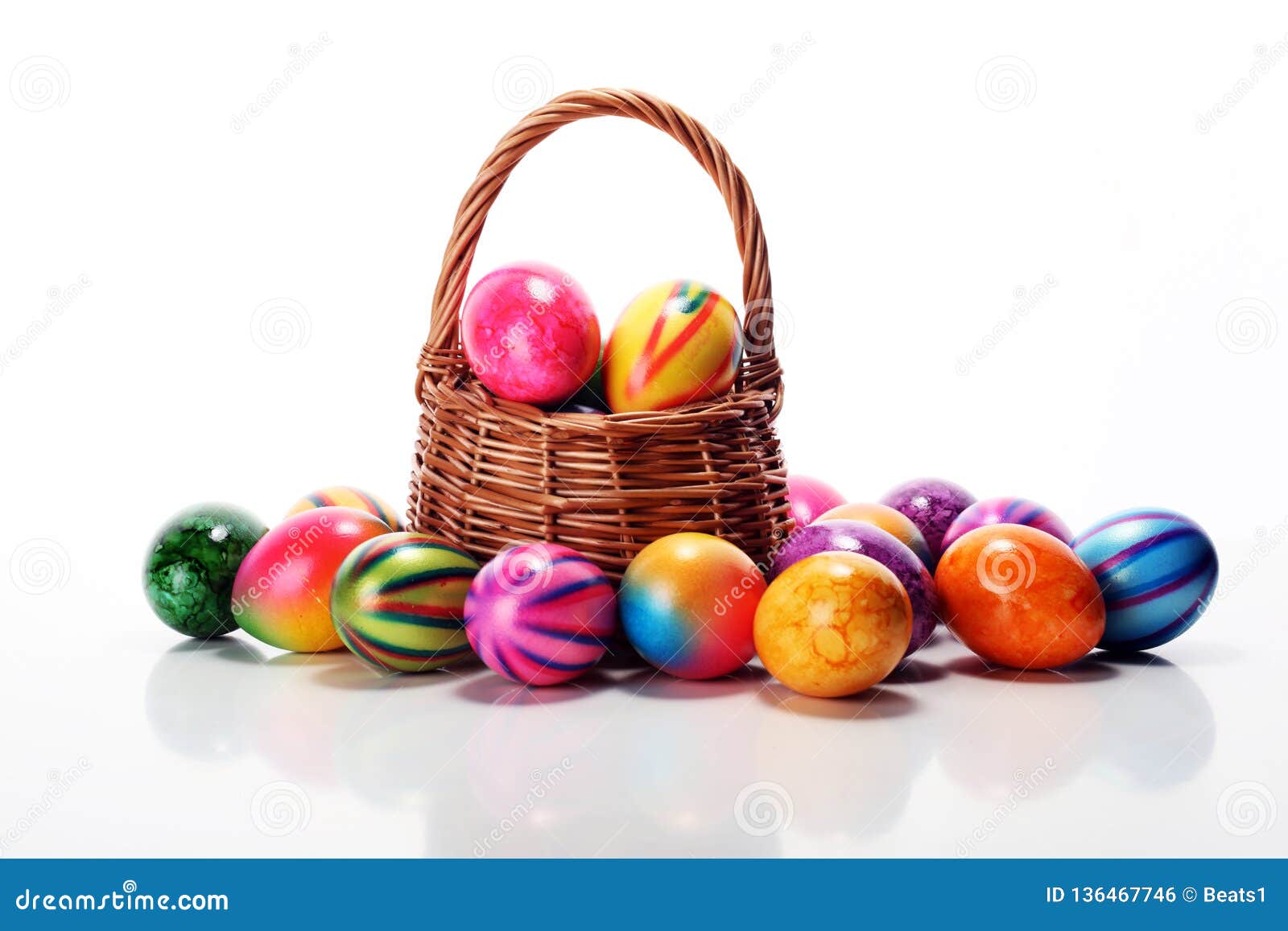 Basket of Easter Eggs on Table. Easter Decoration Stock Photo Image