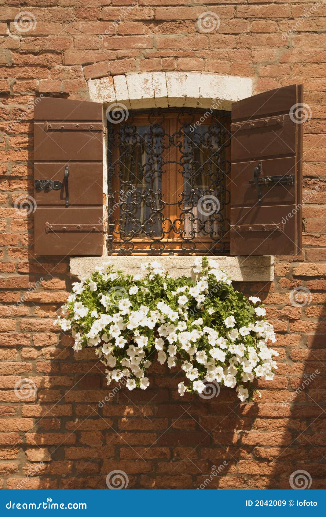 Basket of Flowers Hanging from Window. Stock Image Image of color