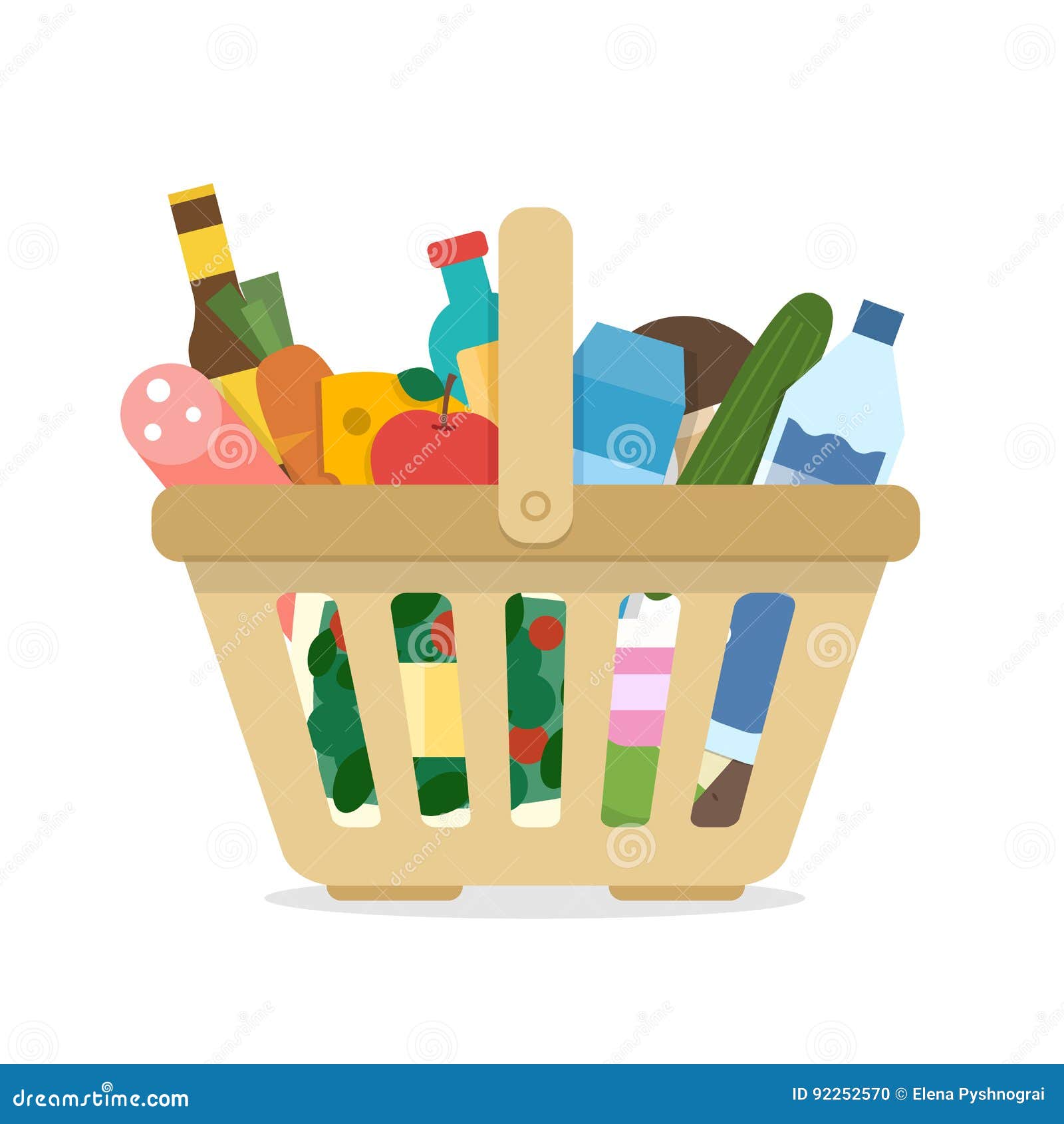 Basket with Food and Different Goods. Stock Vector Illustration of