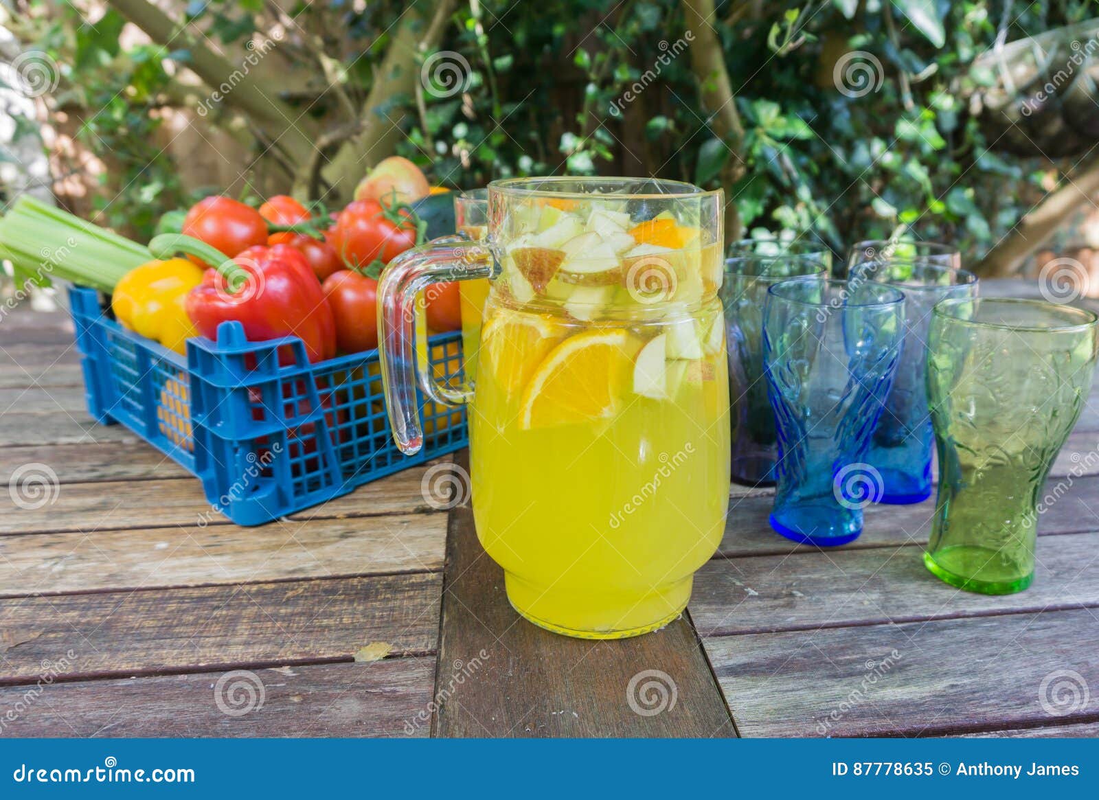 Basket of Fruit with Jug of Orange Squash. Stock Image Image of