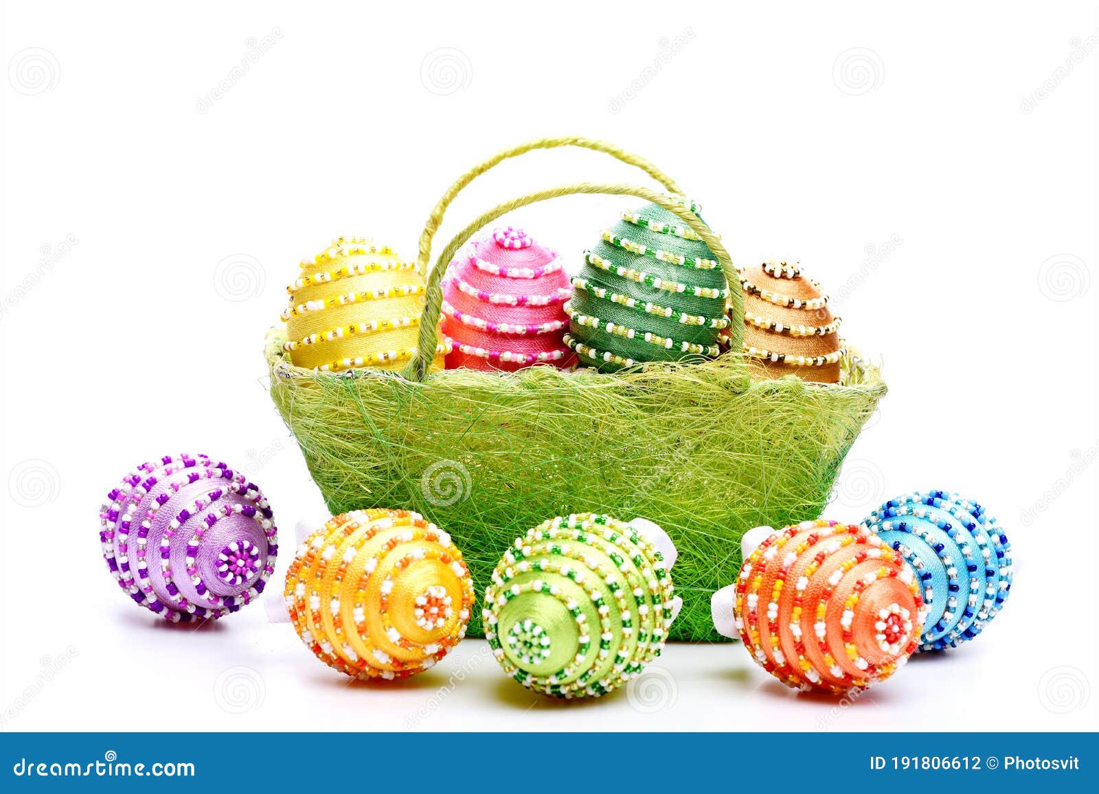 Basket Full of Easter Eggs Isolated on White Background Stock Photo