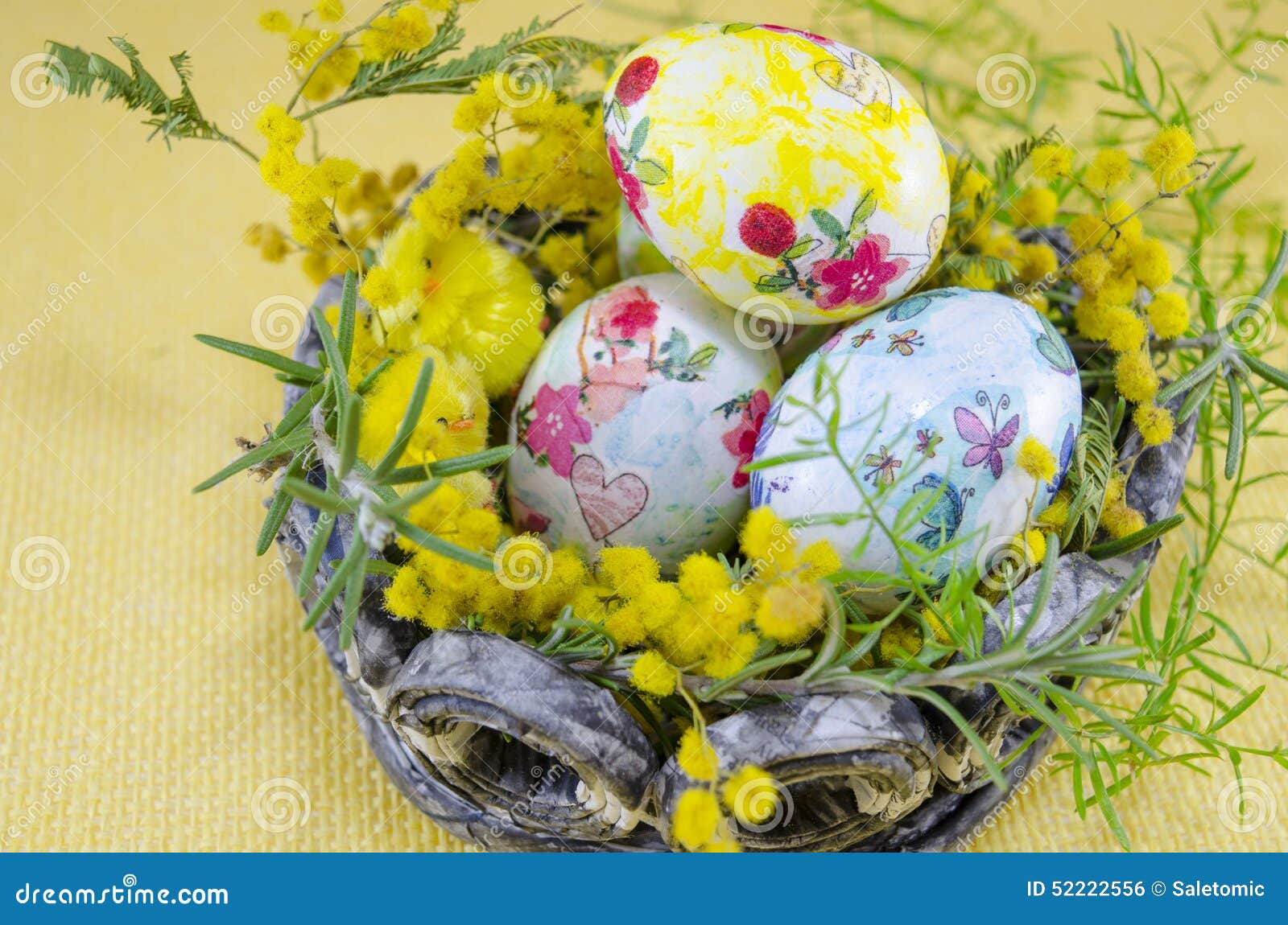 Basket Full of Handcolored Easter Eggs in Decoupage Stock Photo Image of green, eggs 52222556