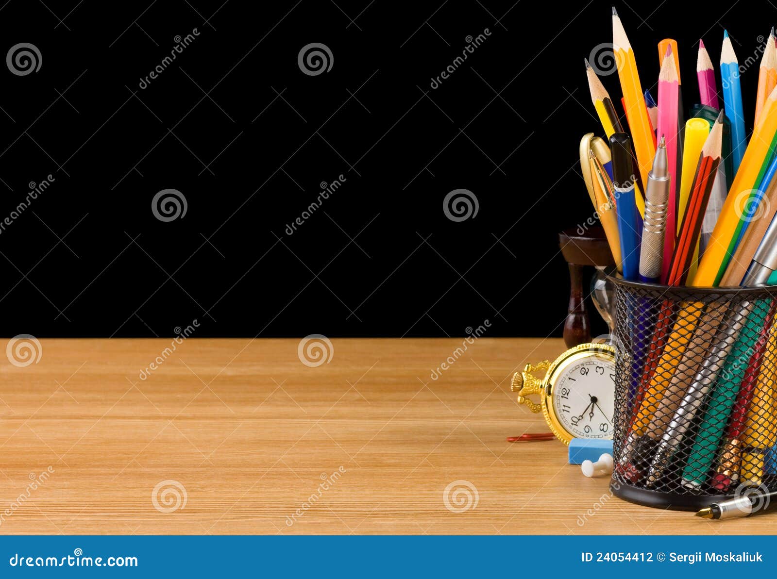 Basket Holder and School Supplies on Black Stock Photo Image of