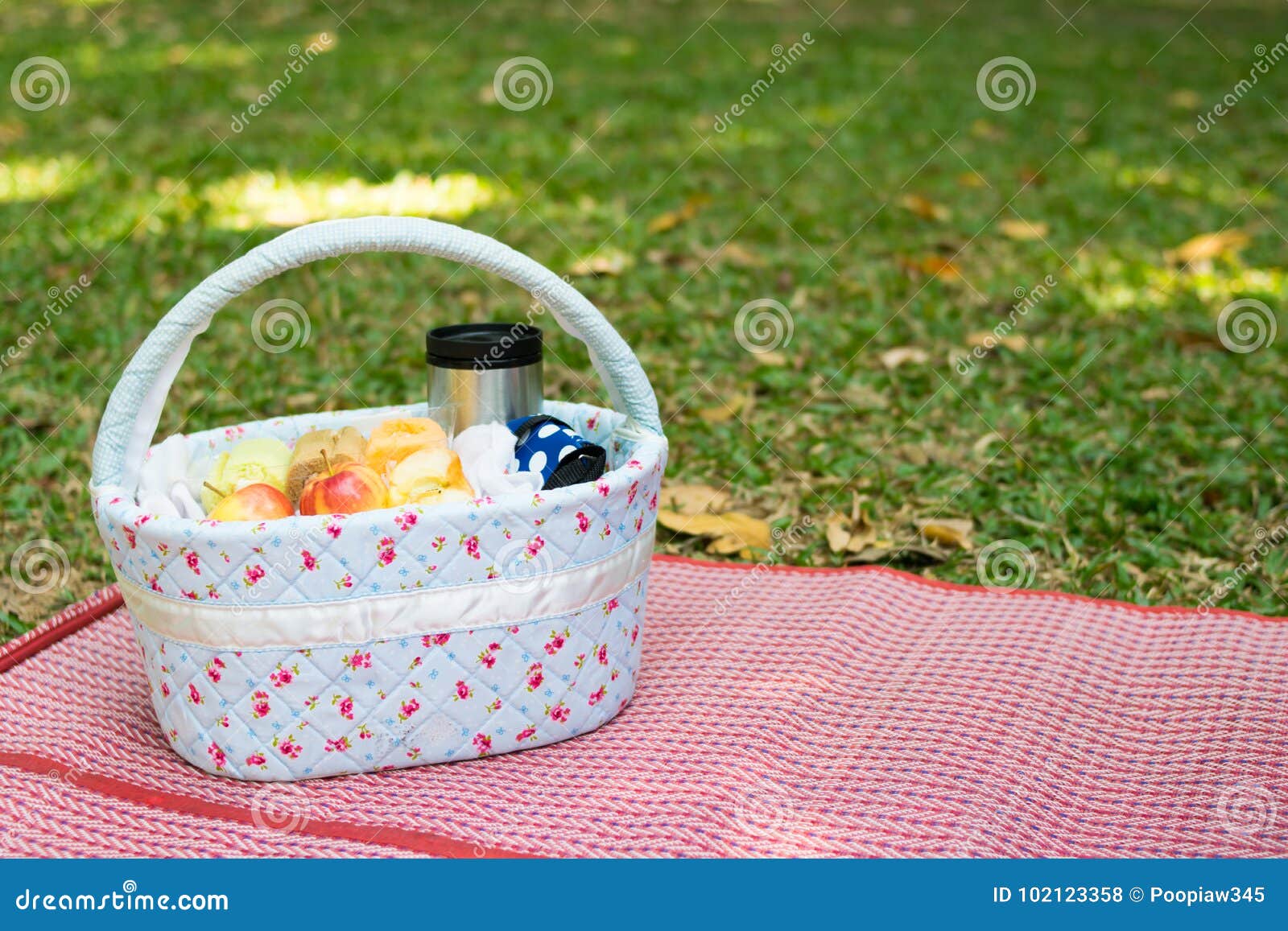 Basket Picnic at meadow stock photo. Image of green 102123358