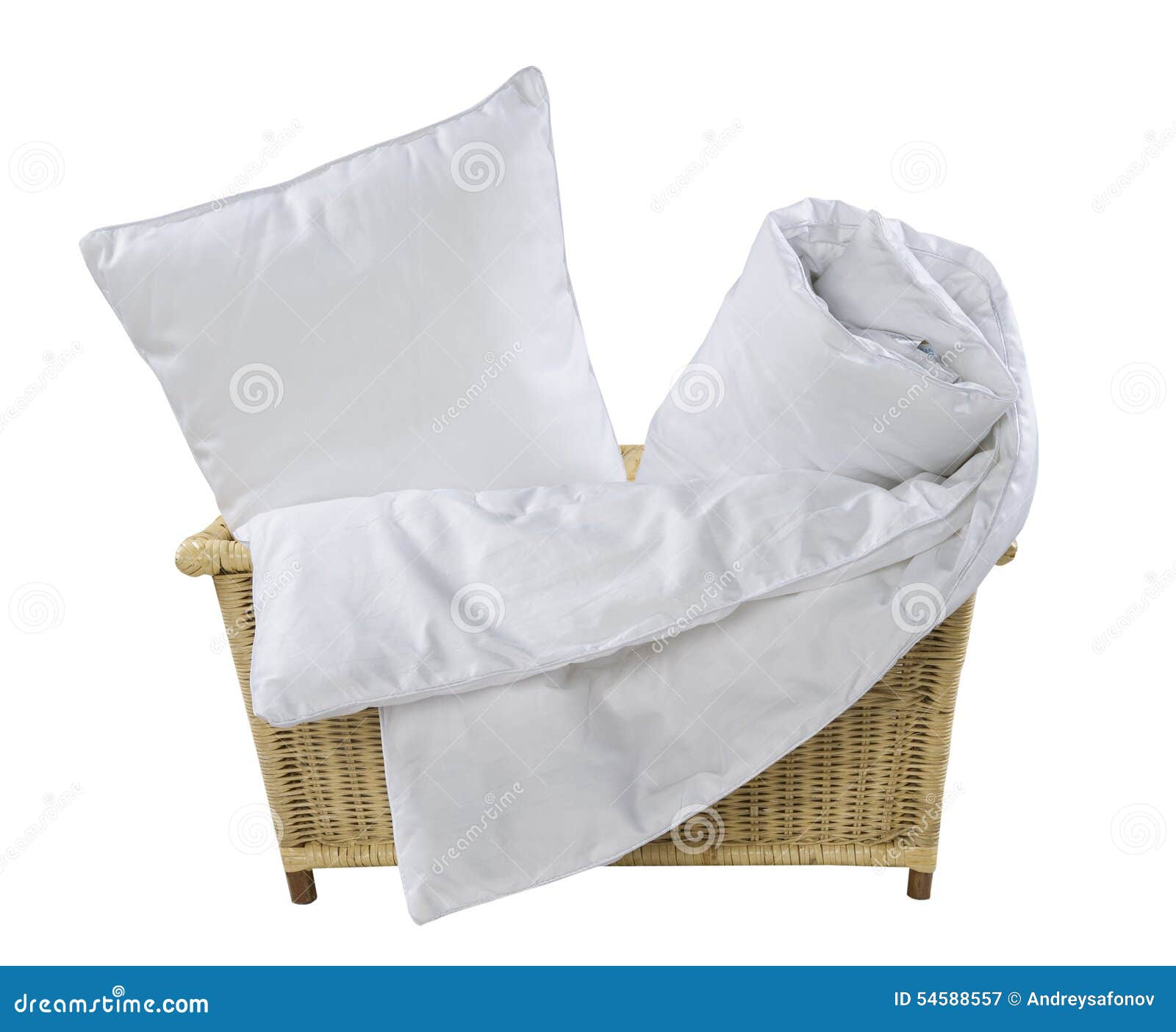 Basket with Pillow and Blanket Isolated on White Background Stock Image