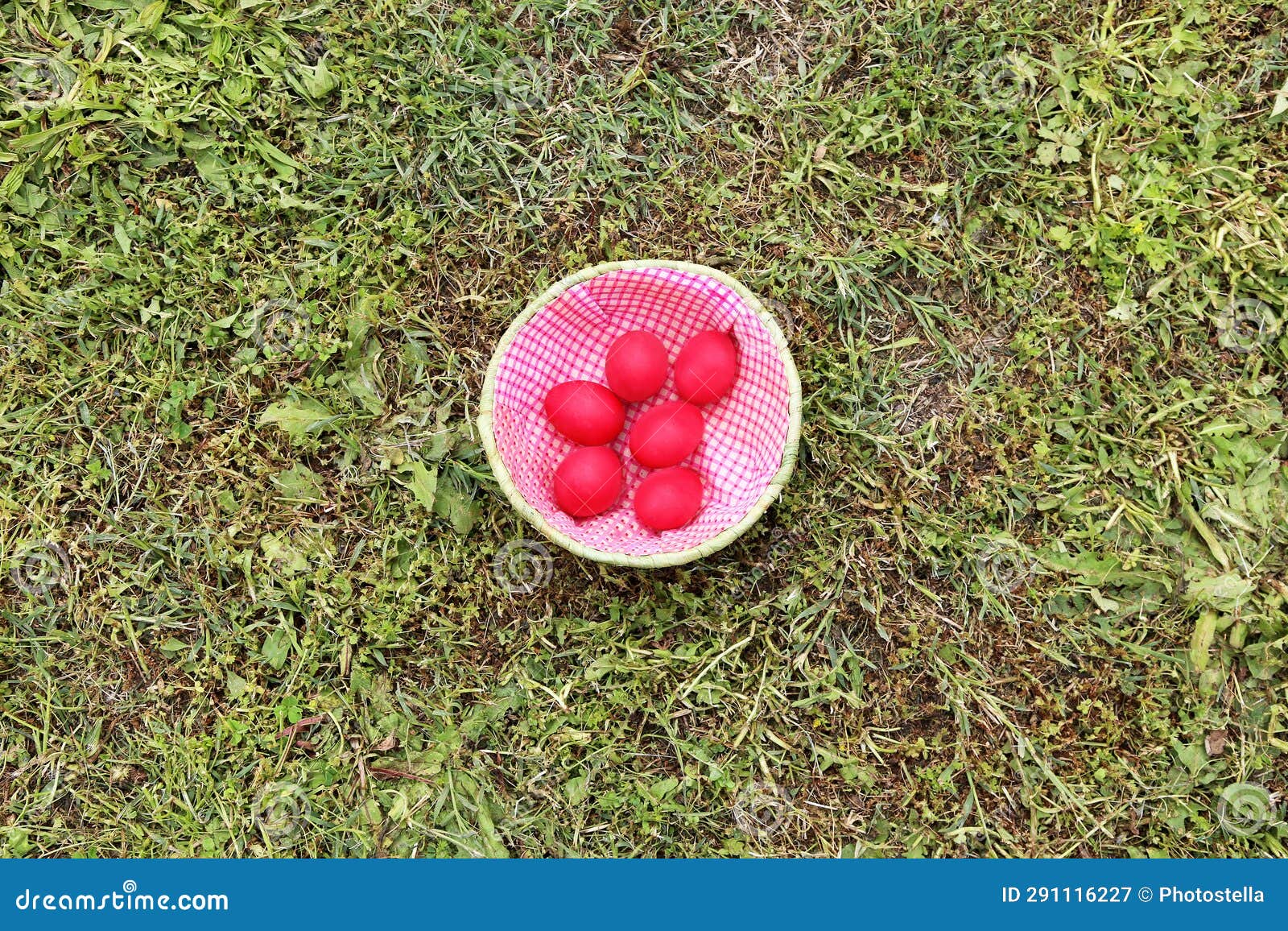 Basket with Red Easter Eggs on the Green Grass Stock Image Image of