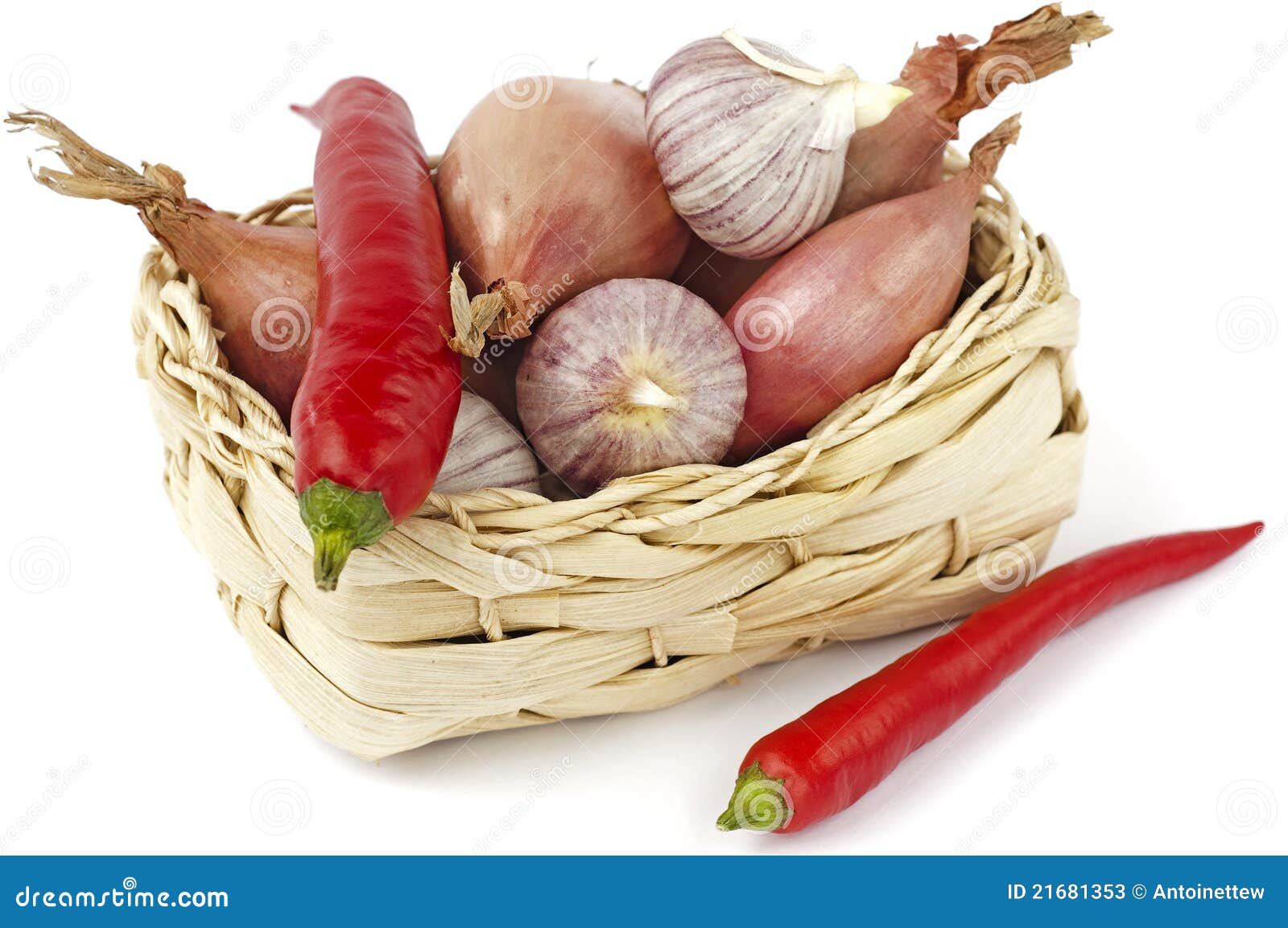 Basket with Red Peppers, Onions and Garlic Bulbs Stock Image Image of