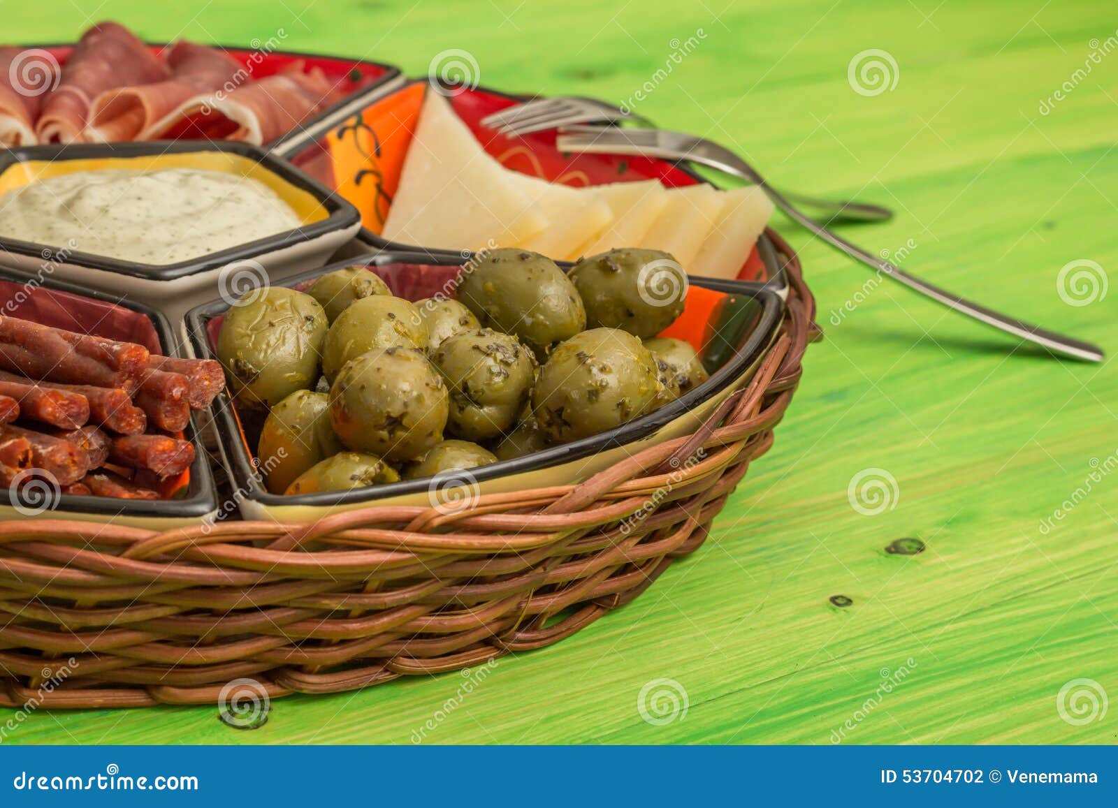 Basket with Several Spanish Tapas on Green Table Stock Photo Image of