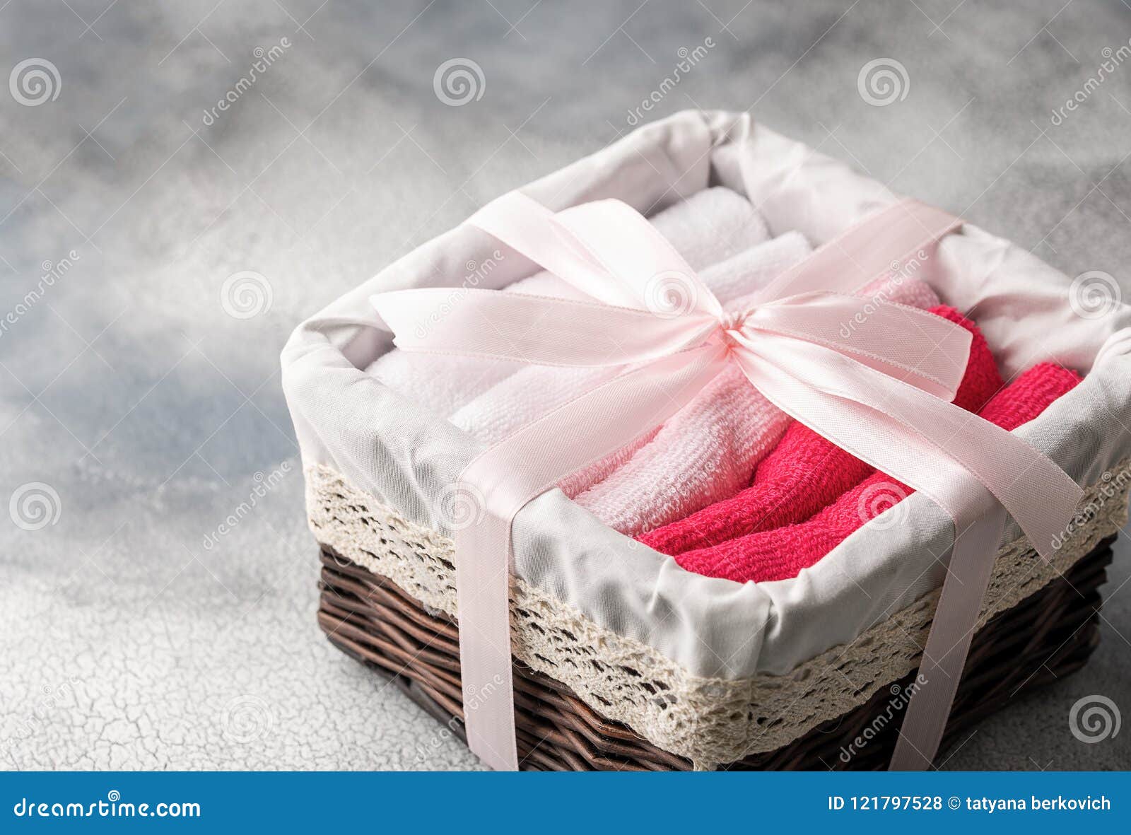 Basket with Soft Bath Towels on Grey Background Stock Photo Image of