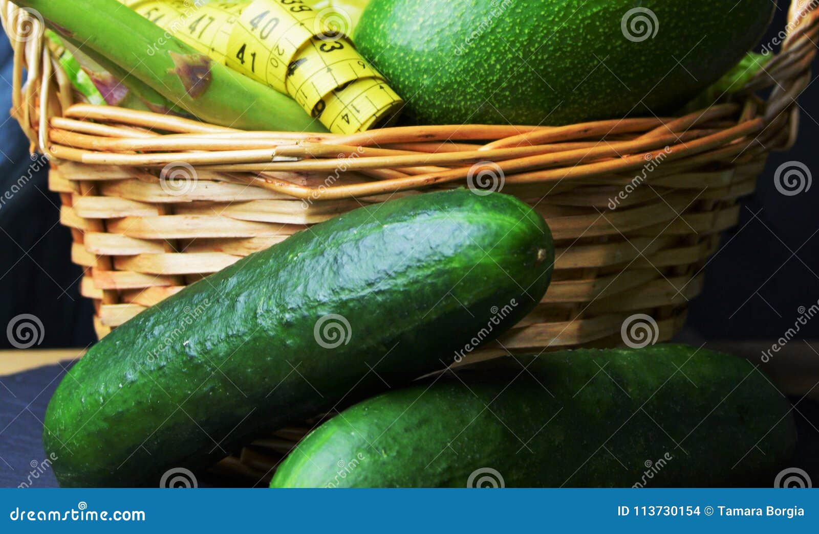 basket with vegetables: cabbage, avocado, cucumbers, asparagus and measuring meter