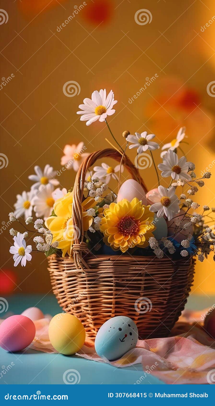 basket of vibrant patterned easter eggs on white background, banner