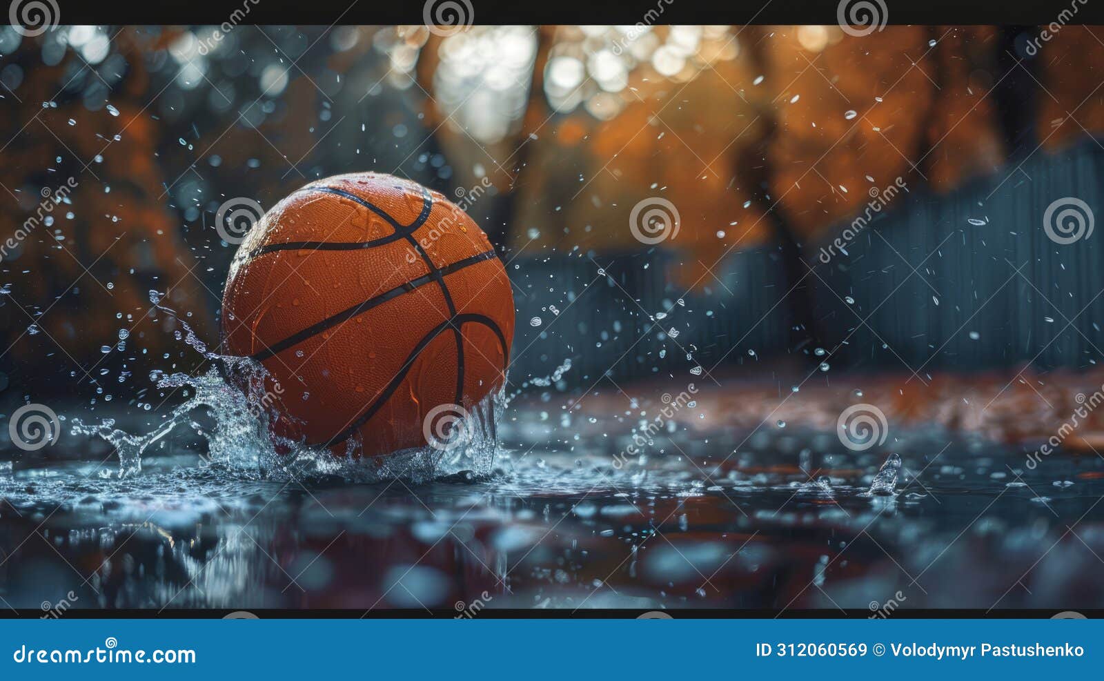 Basketball Bouncing Off Wet Surface during Rain Shower, Basketball