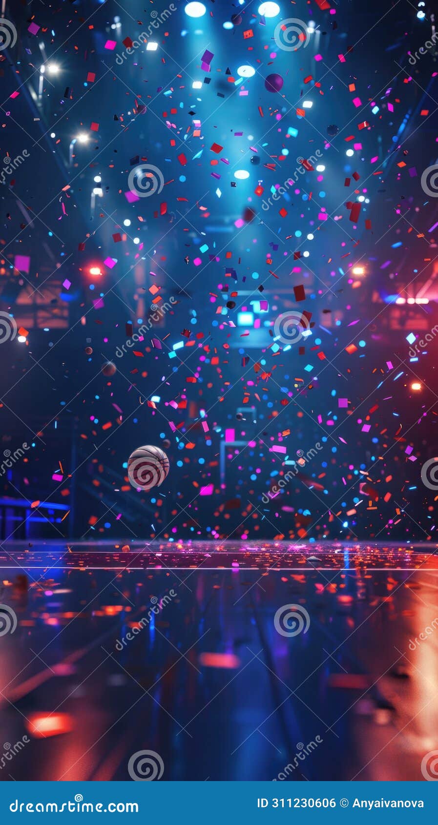 A Basketball Court with Confetti Falling from the Ceiling Stock
