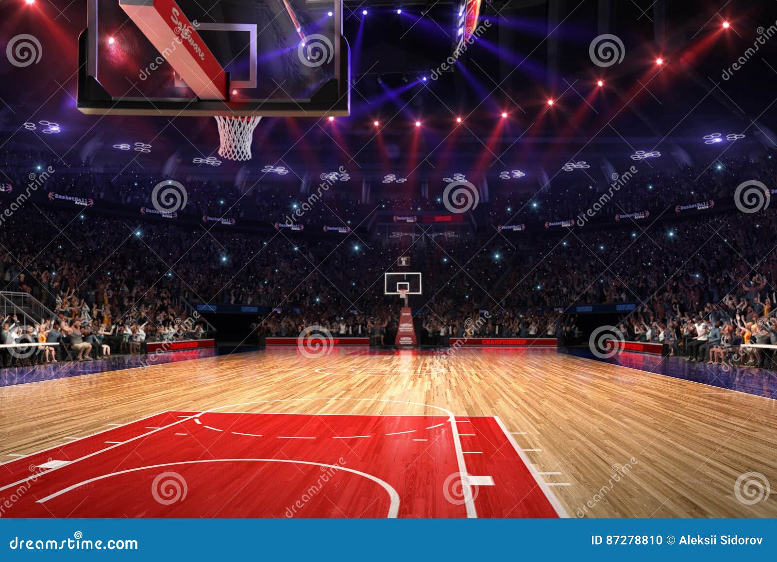 basketball court with people fan. sport arena.photoreal 3d render background. blured in long shot distancelike leans optical