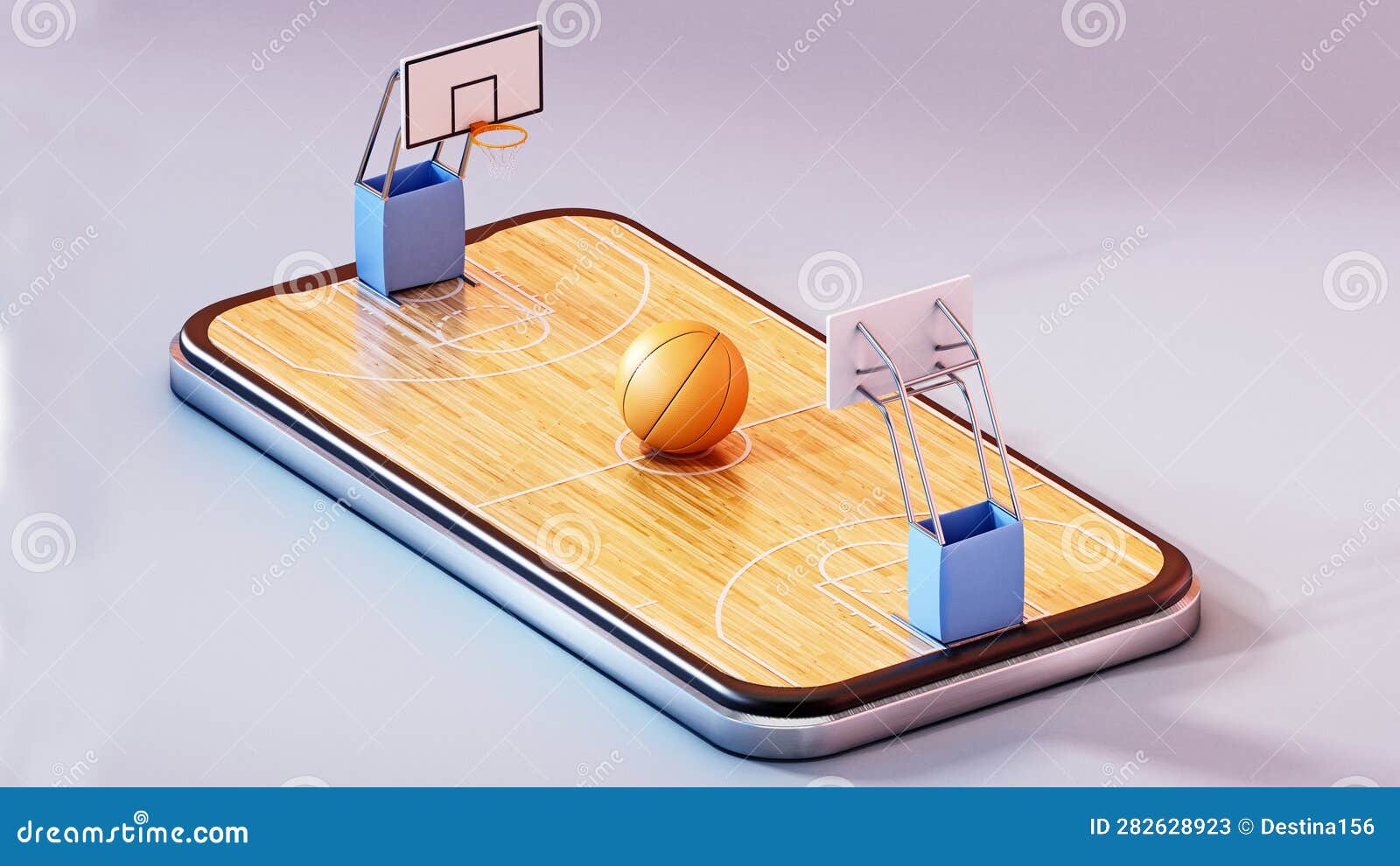 Basketball Court on Smartphone Screen. 3D Rendering Stock Illustration