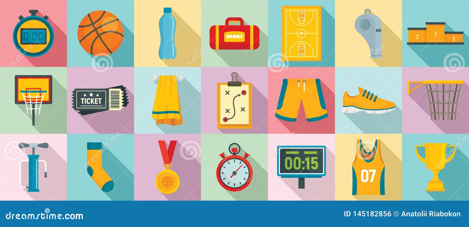 Basketball Equipment Icons Set, Flat Style Stock Vector Illustration