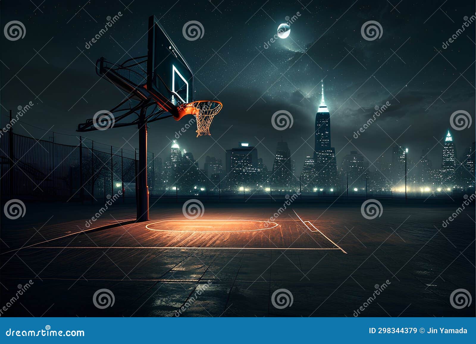 Basketball Hoop in the City at Night. 3D Rendering Stock Illustration
