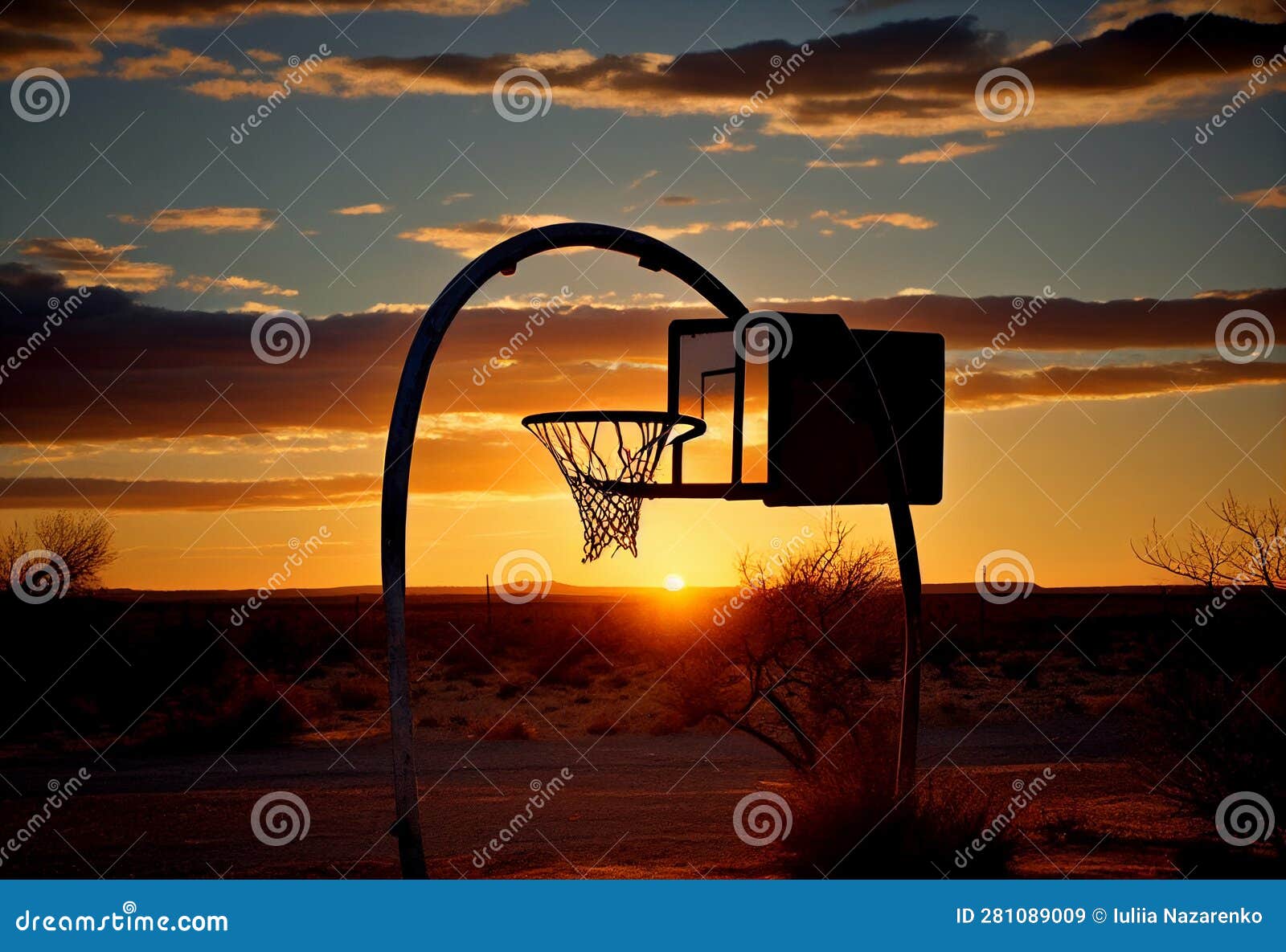 Basketball Hoop at Sunset. AI Generated Stock Illustration